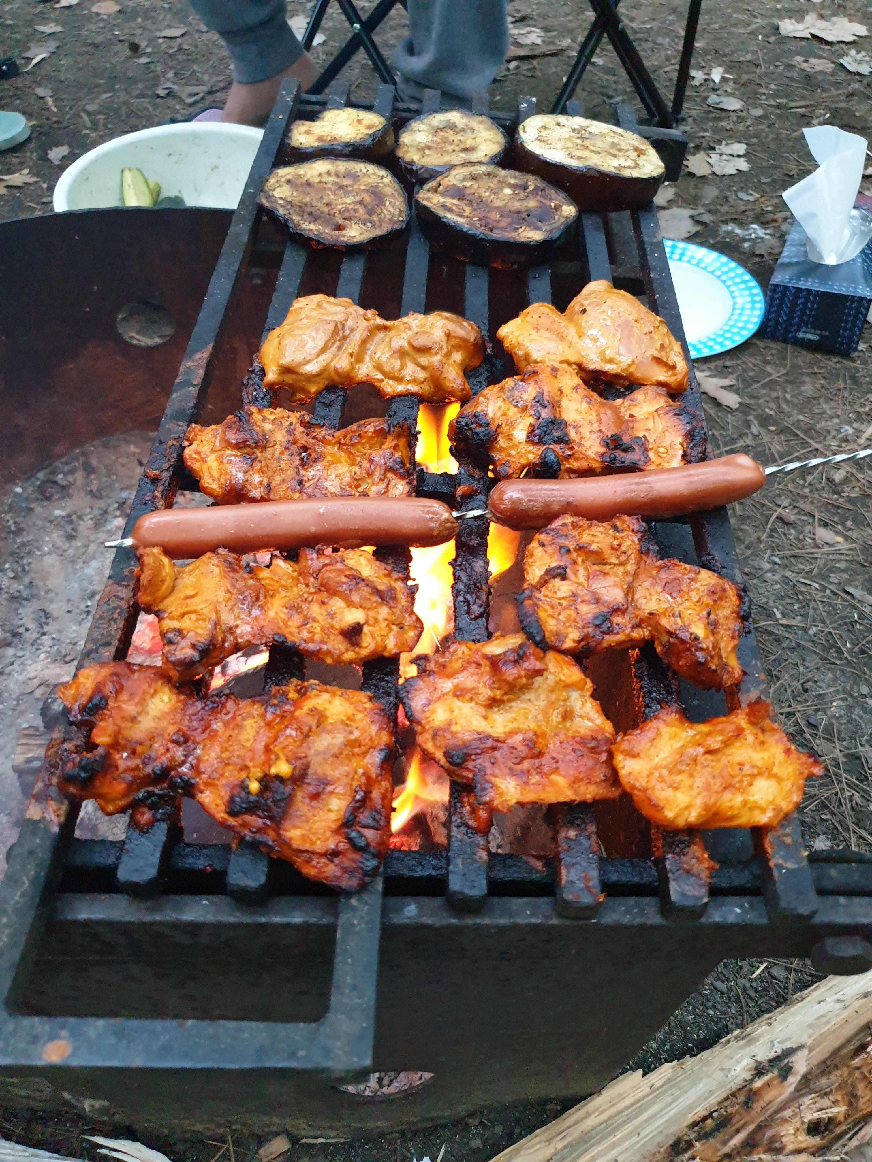 Grilled Tandoori chicken, hot dogs and eggplant over campfire r/grilling