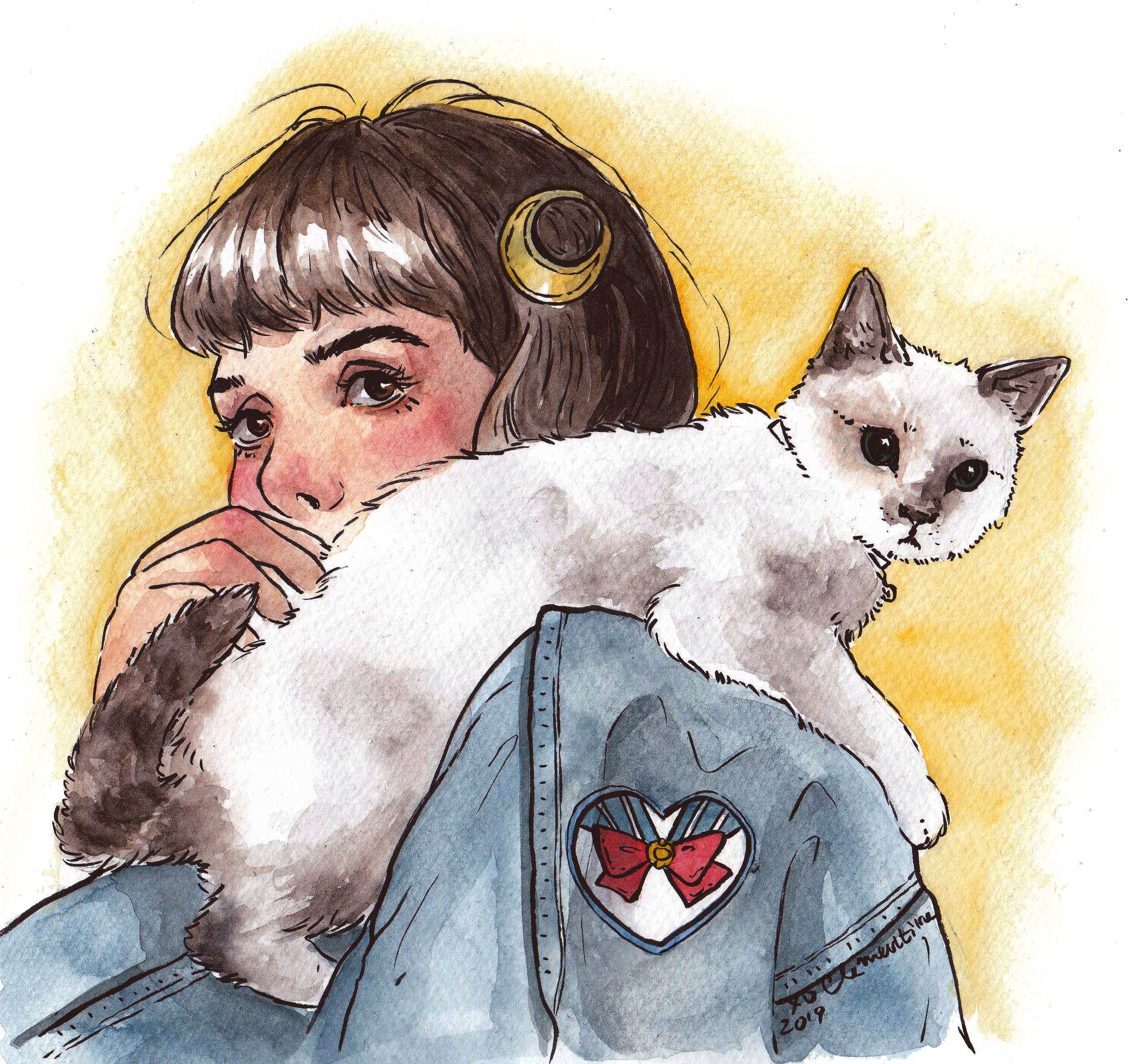 Girl with cat, watercolour, 20x21 cm r/Art