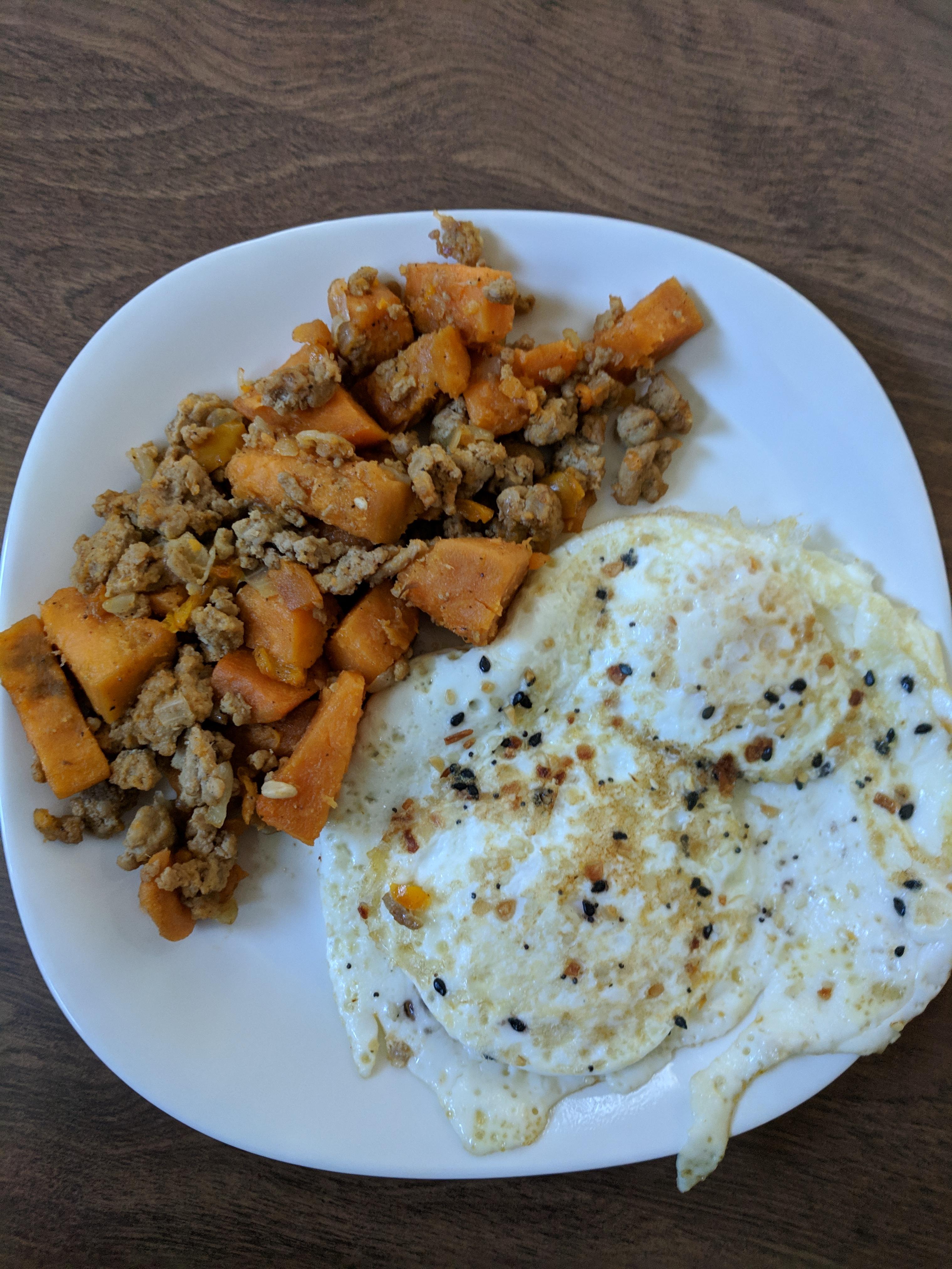 Post workout breakfast Ground Turkey and Sweet potato hash + 2 fried