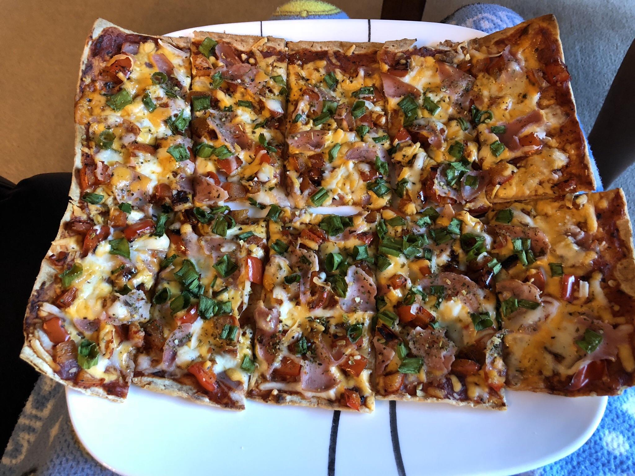 Big rectangular 550 calorie Joseph's Bakery lavash pizza! My weekend