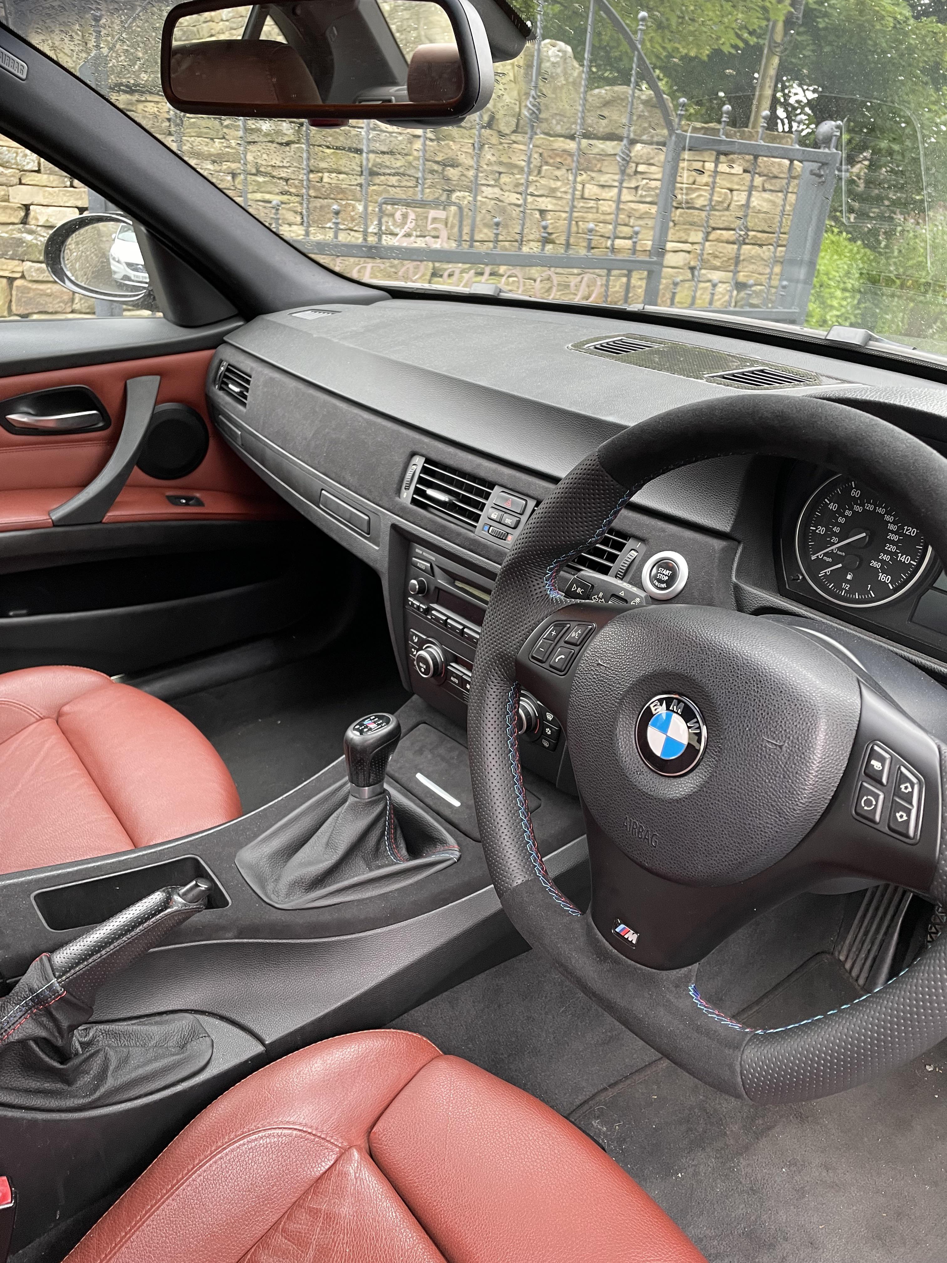 BMW E90 325i interior refresh, black alcantara trim, custom steering
