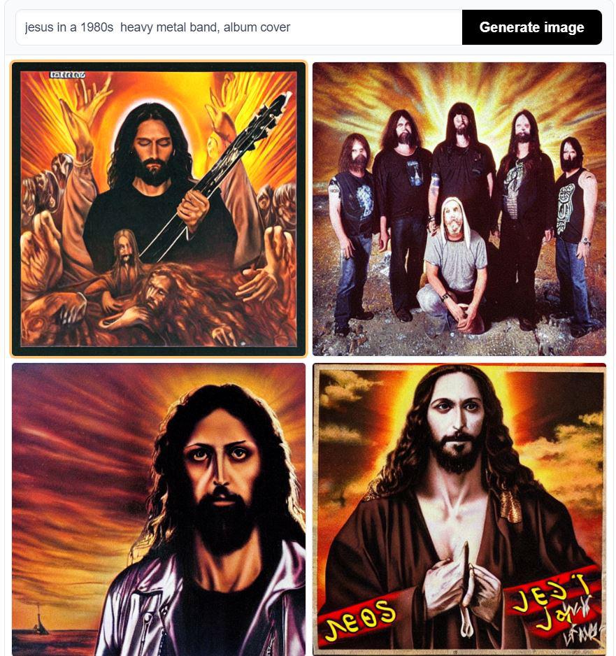 jesus in a 1980s heavy metal band, album cover r/weirddalle