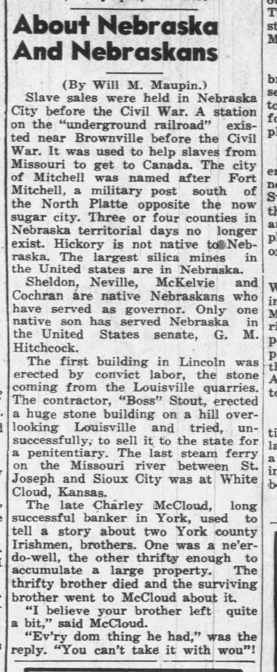 About Nebraska & Nebraskans, Franklin County Sentinel, 04 Jul 1940, Thu r/NebraskaHistory