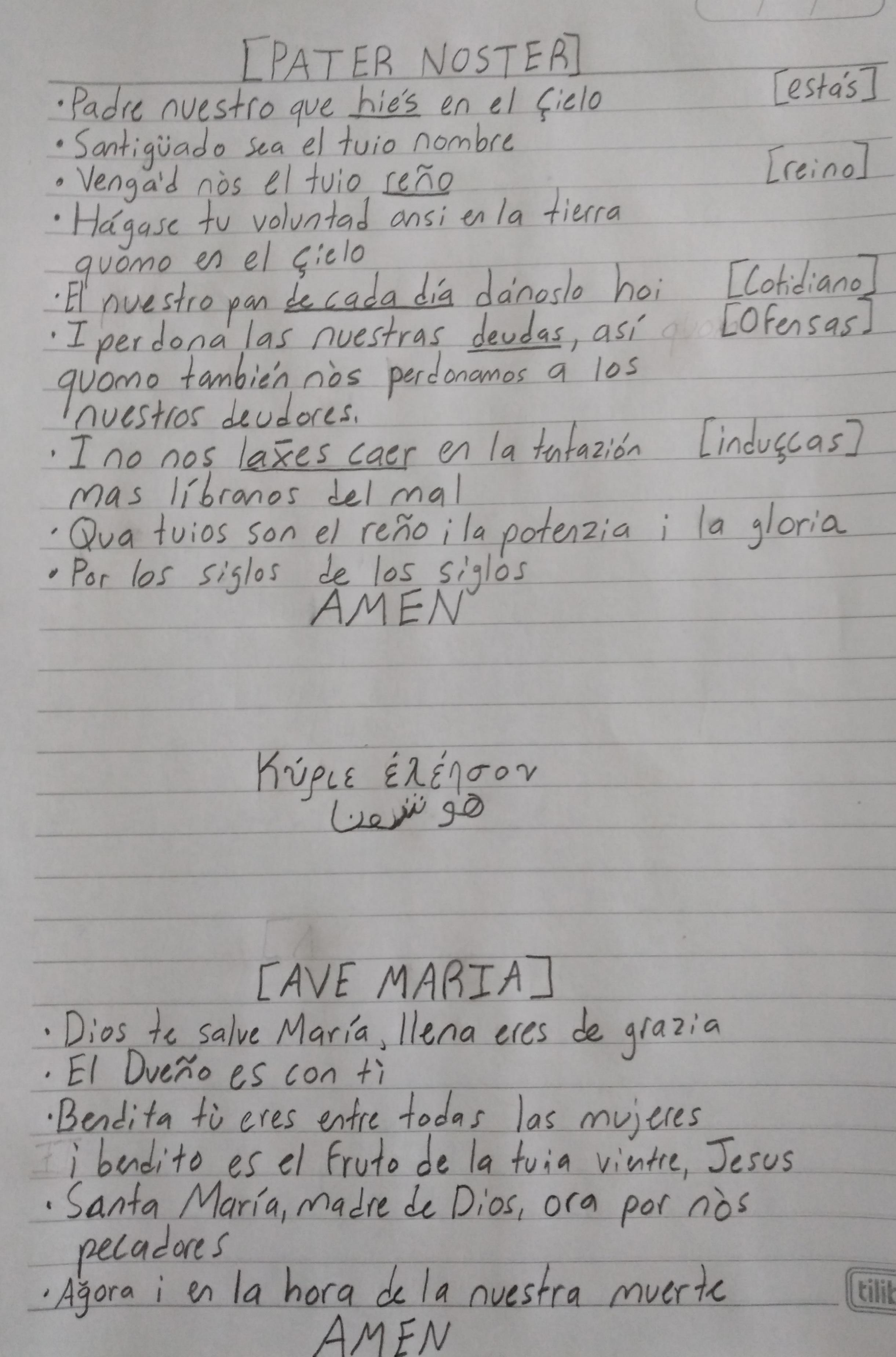 My spanish translation of the Lord's prayer for an orthography I'm