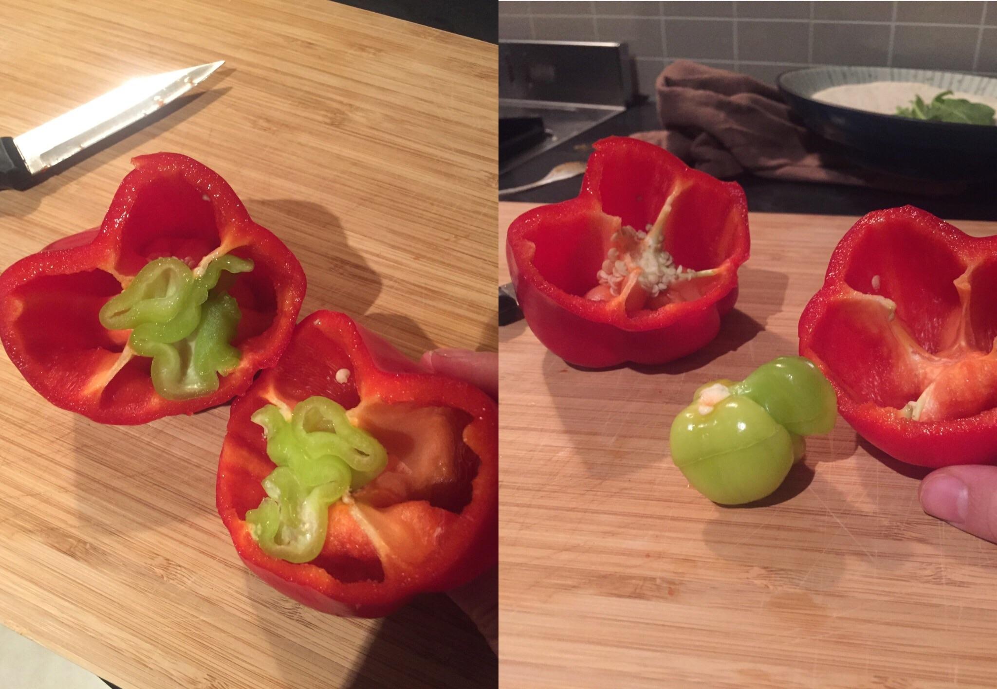 There was a baby green pepper growing inside of my red pepper r
