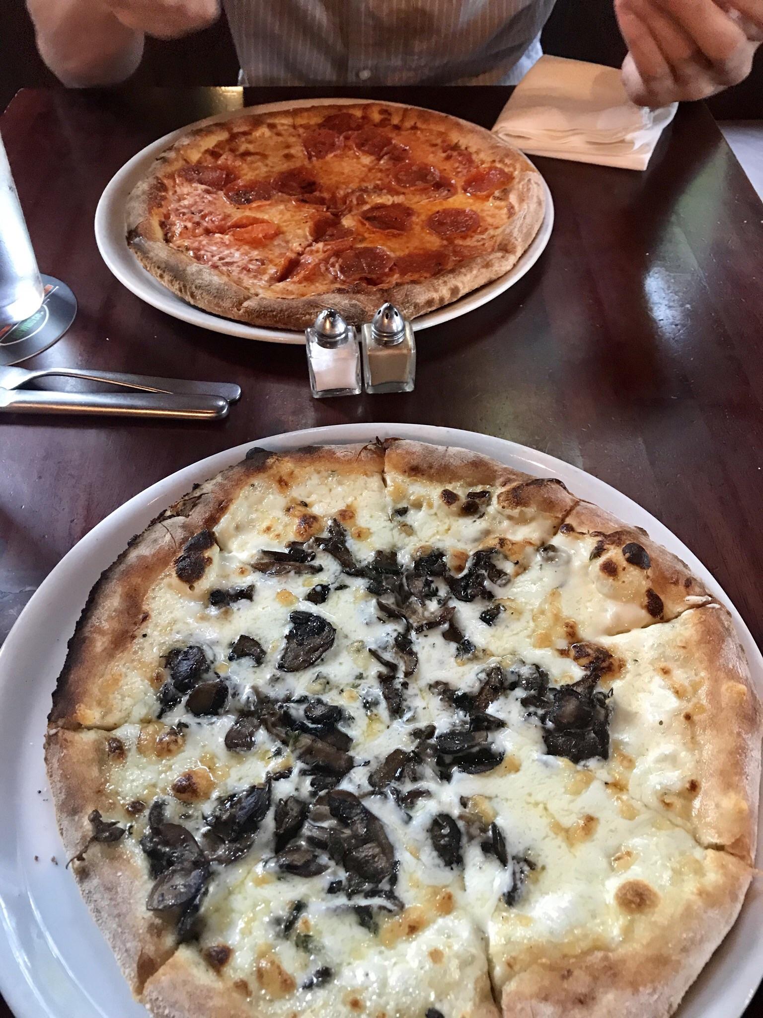 Mushroom w Parmesan Cream and a Pepperoni from Peel Wood Fired Pizza in
