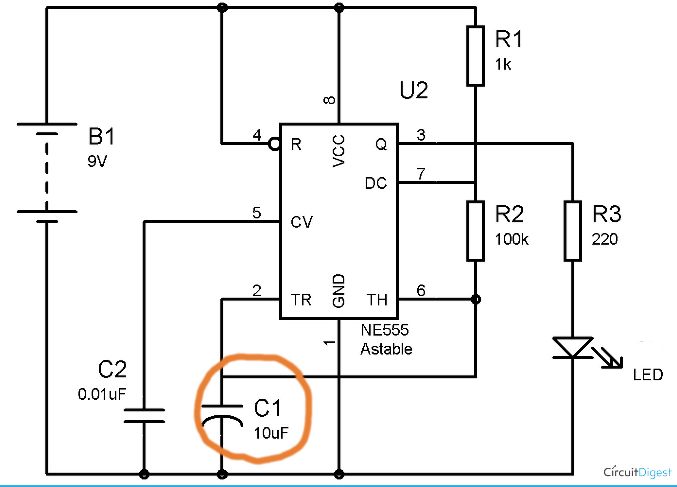 Why doesn´t this capacitor in the 555 timer astable circuit just