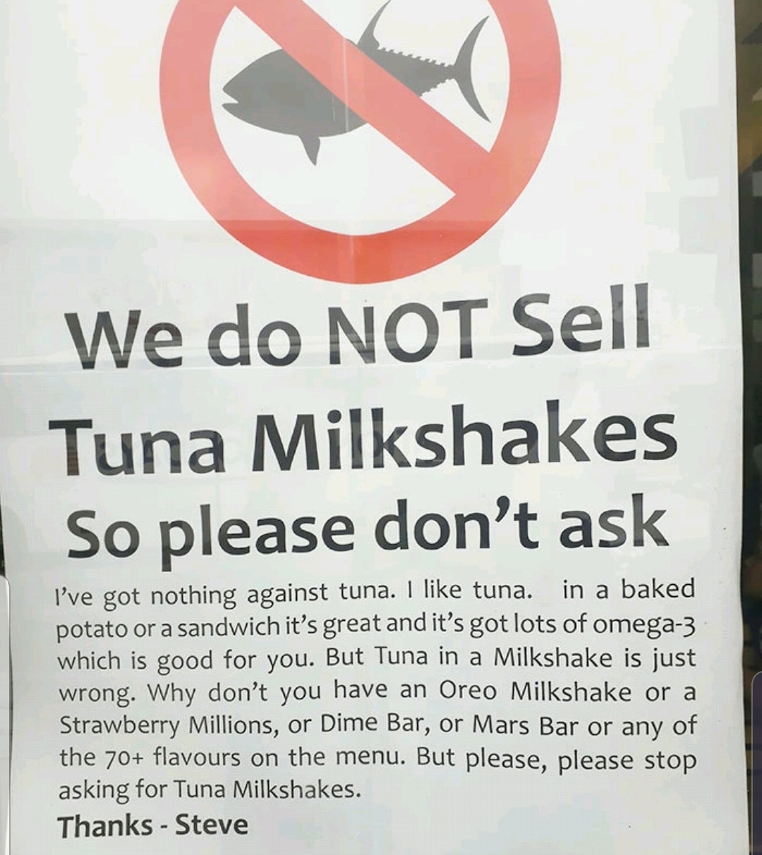 This sign saying no tuna milkshakes r/mildlyinteresting