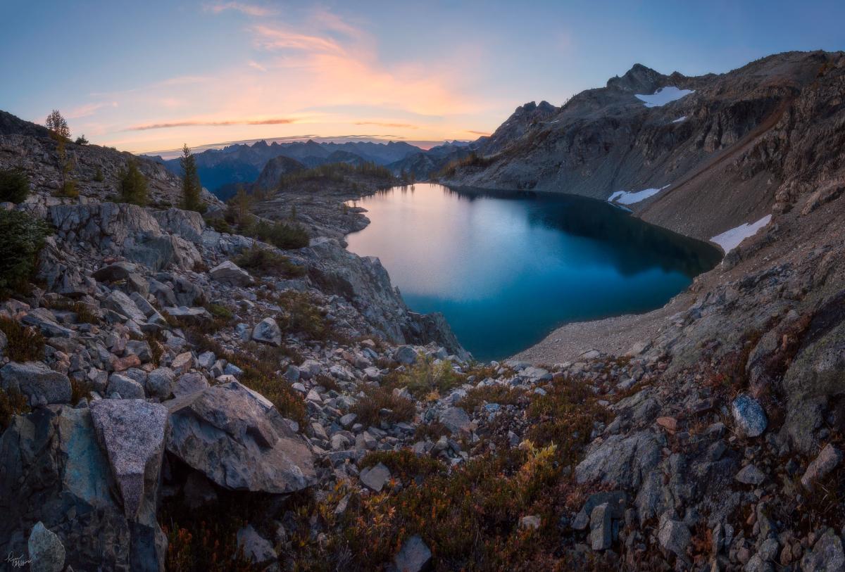 Sunrise over a spectacular lake in the North Cascades National Park, WA