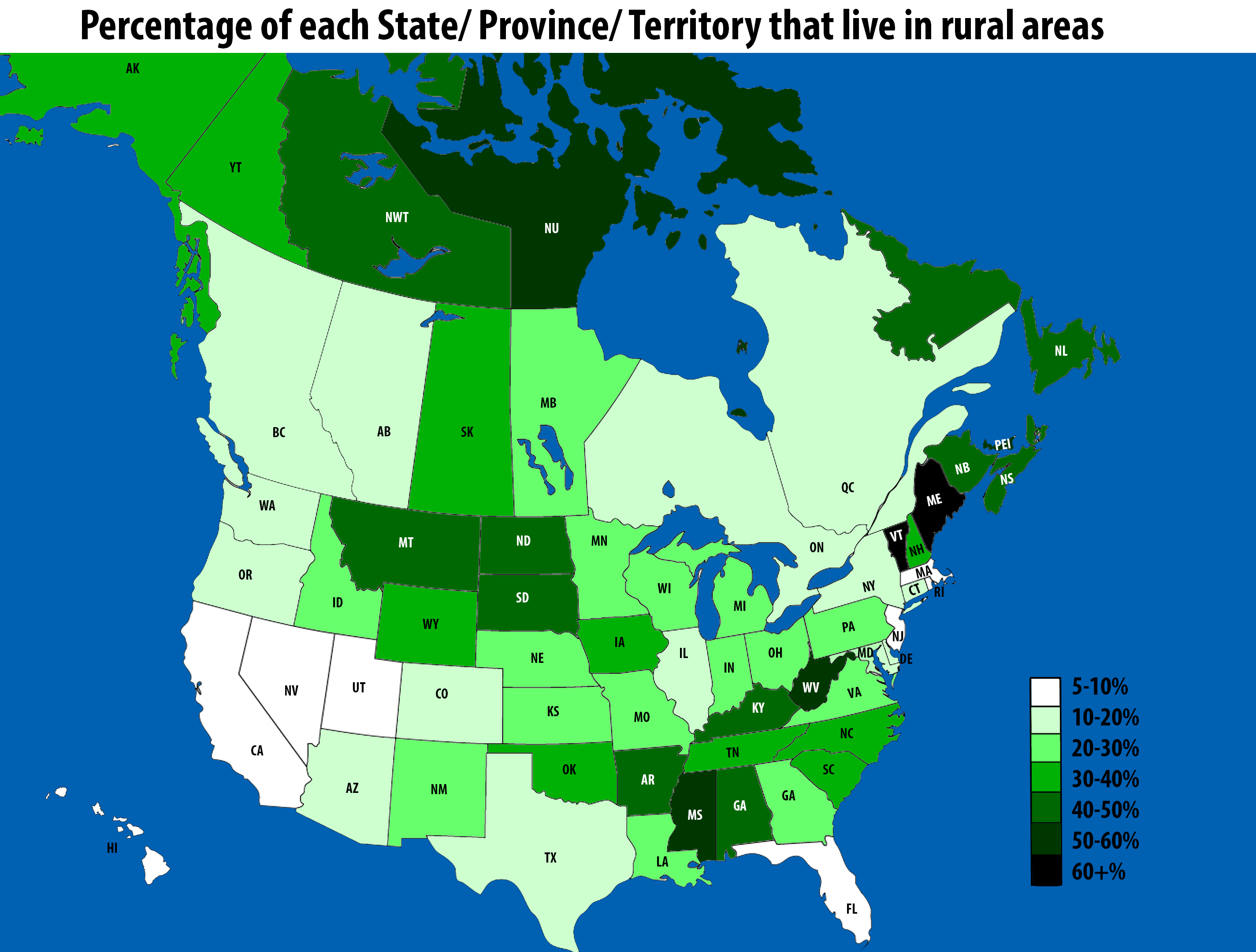 Percentage of each state/ province/ territory in the US & Canada that