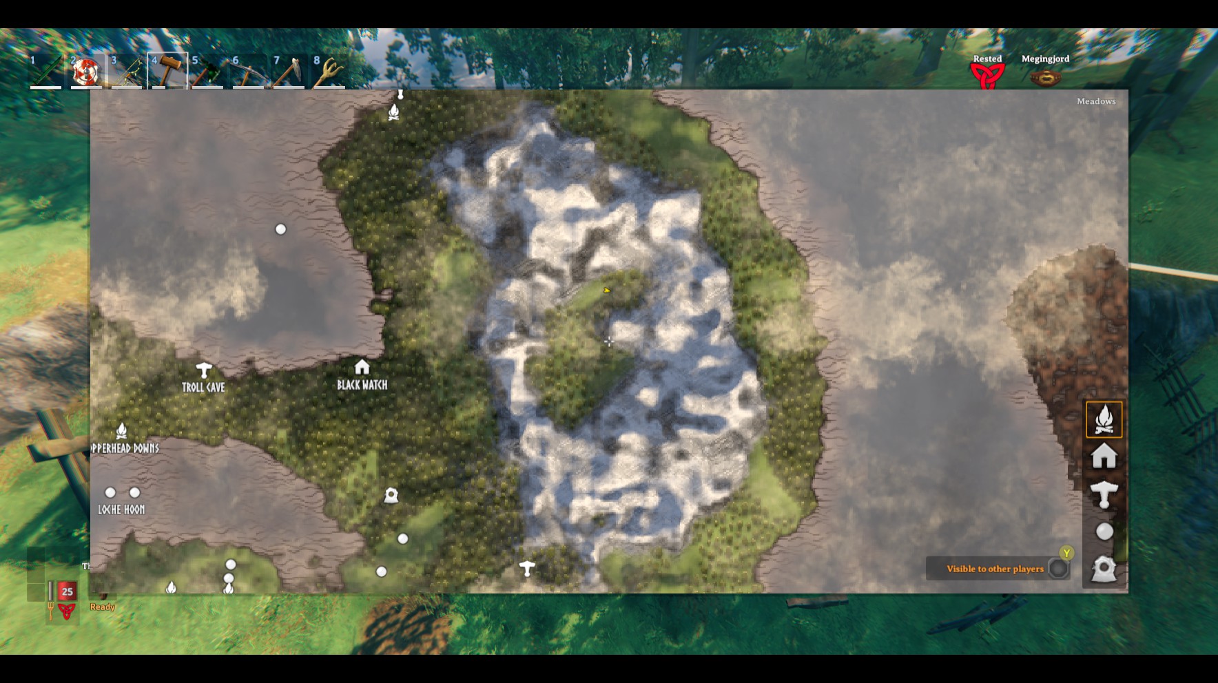 This meadow valley in the middle of a mountain range r/Valheim_Seeds