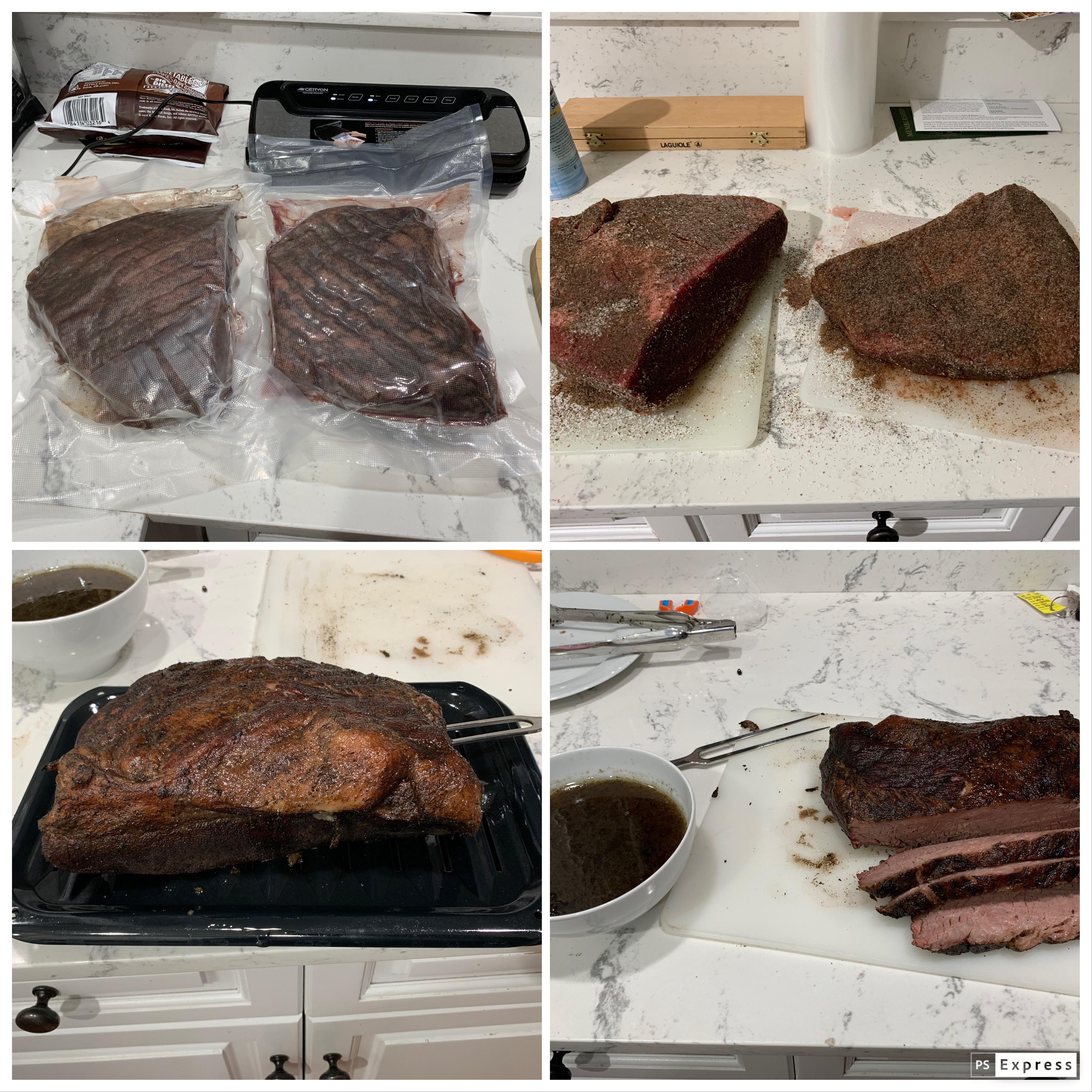 Brisket with salt & pepper rub, smoked 3 hours, then 48 hours at 155