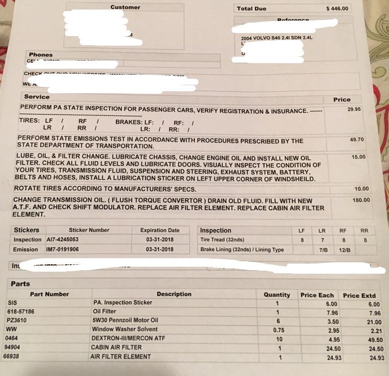 First PA Car inspection...is this typical? Car is an '04 Volvo S40 with