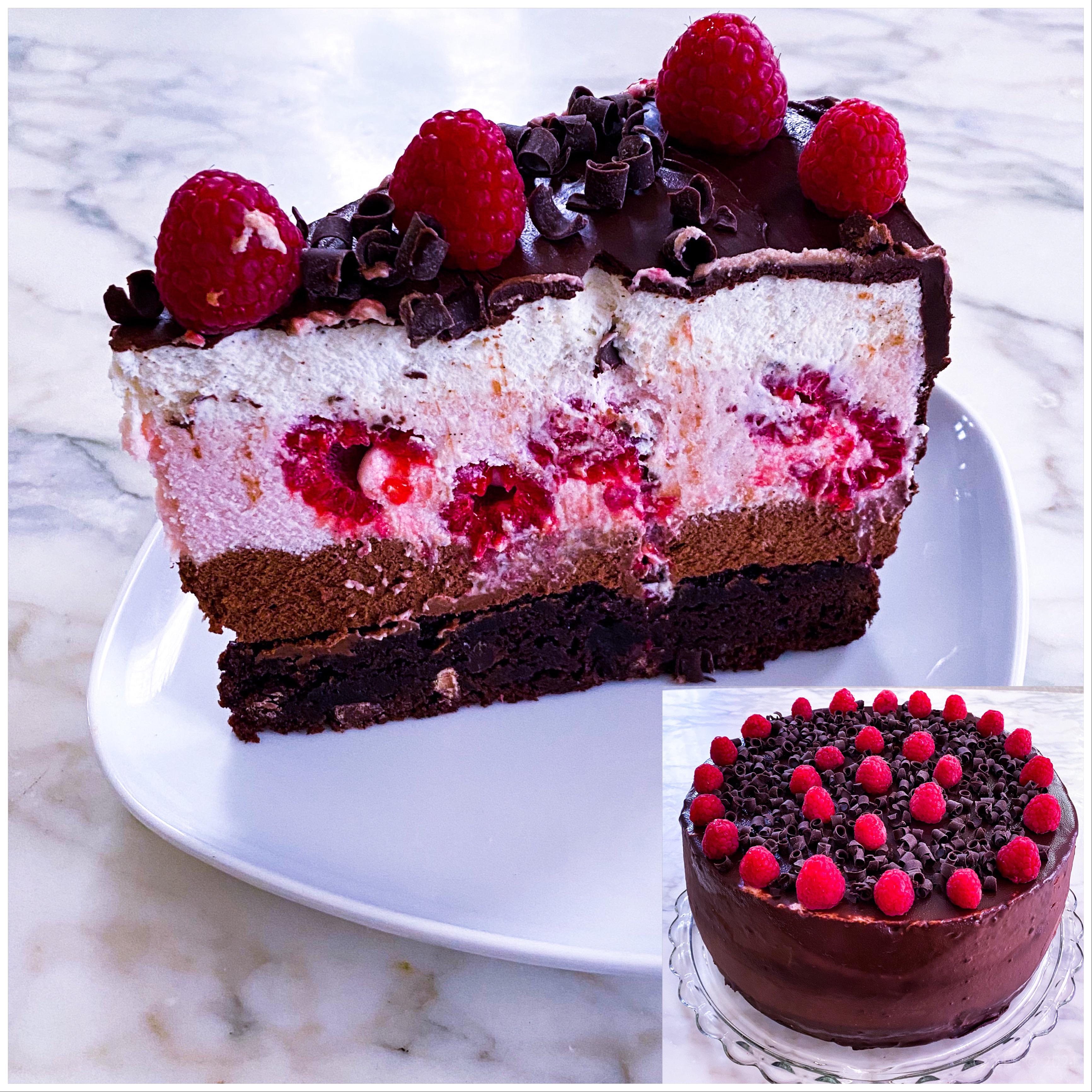Made a Three Mousse Cake (chocolate, raspberry, and vanilla) with a
