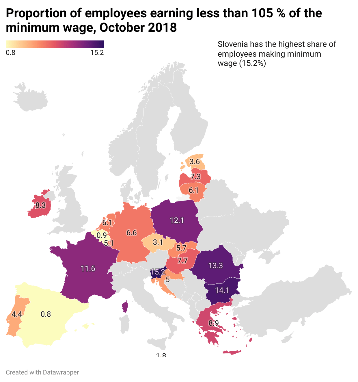 Ratio of employees making minimum wage (Source Eurostat, 2018) r/europe