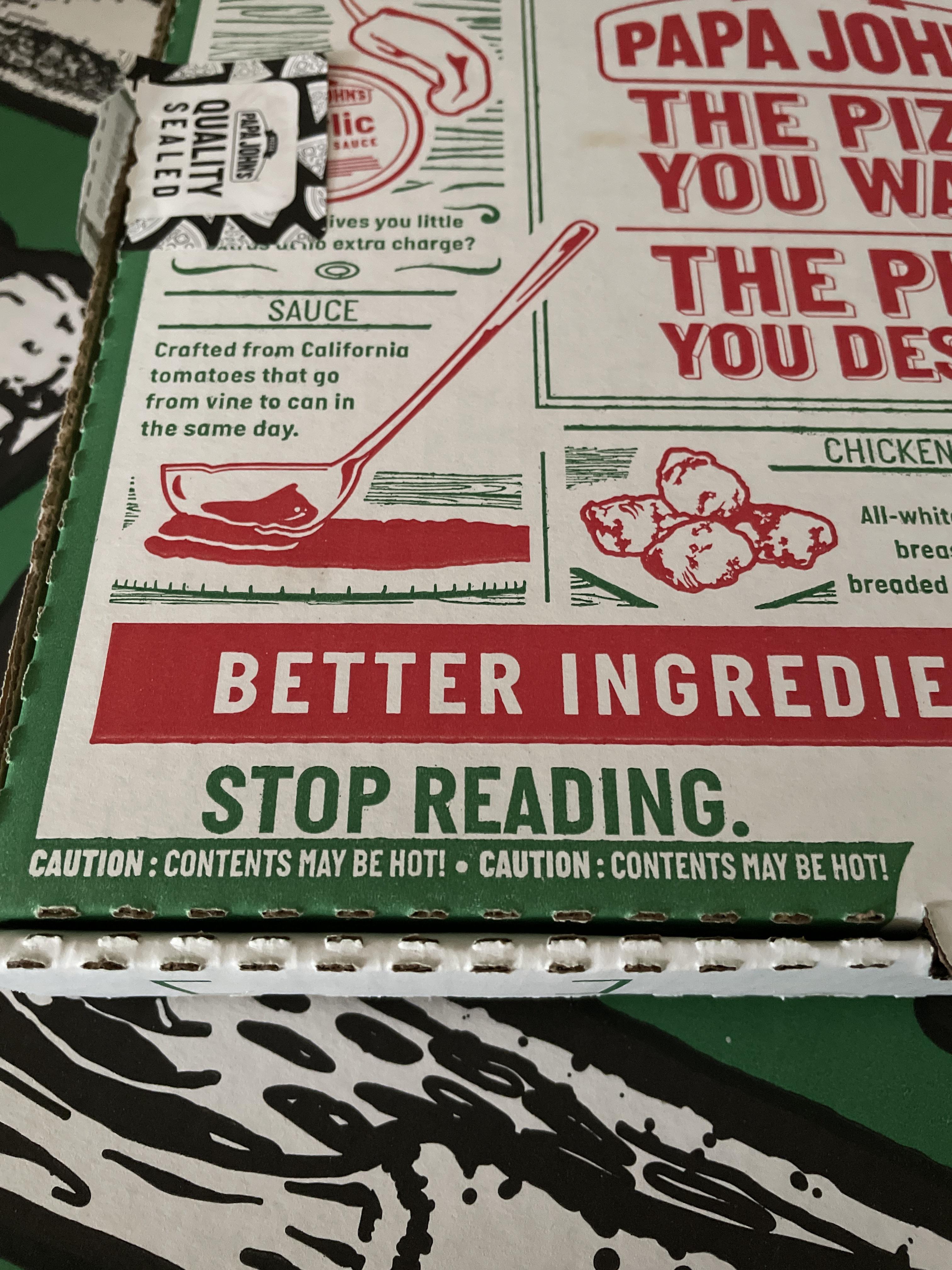 Papa John’s Pizza Box tells you to stop reading right before the