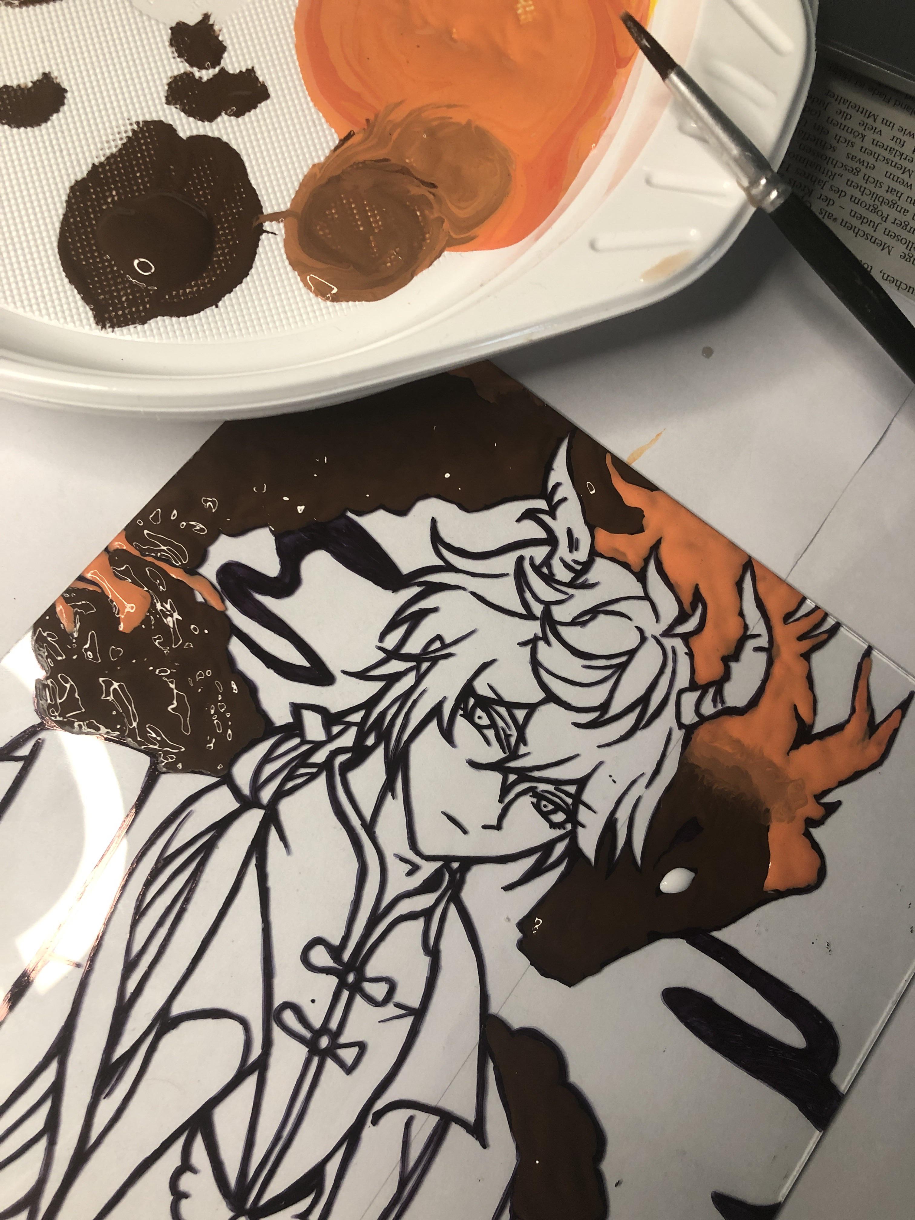 I finished half of my Zhongli Glass Painting in honor of him joining my