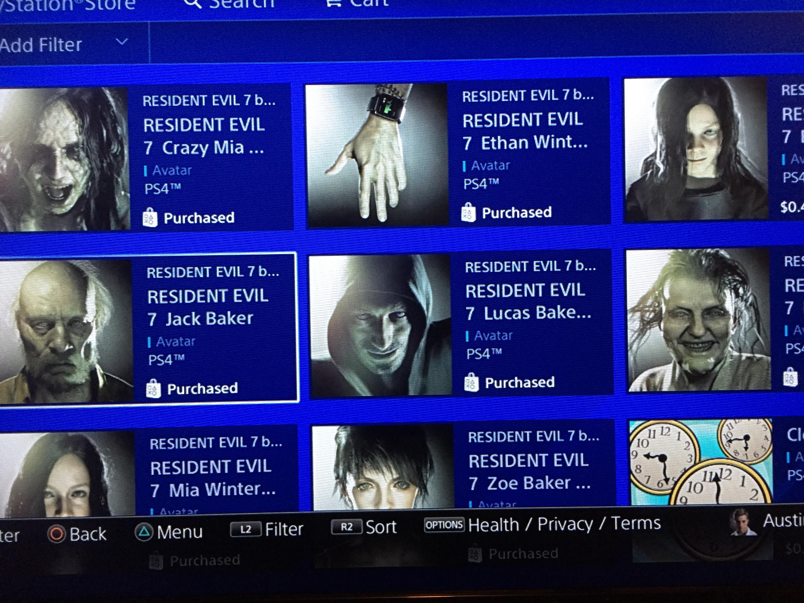 For those of you that want a RE7 avatar on PS4, they are