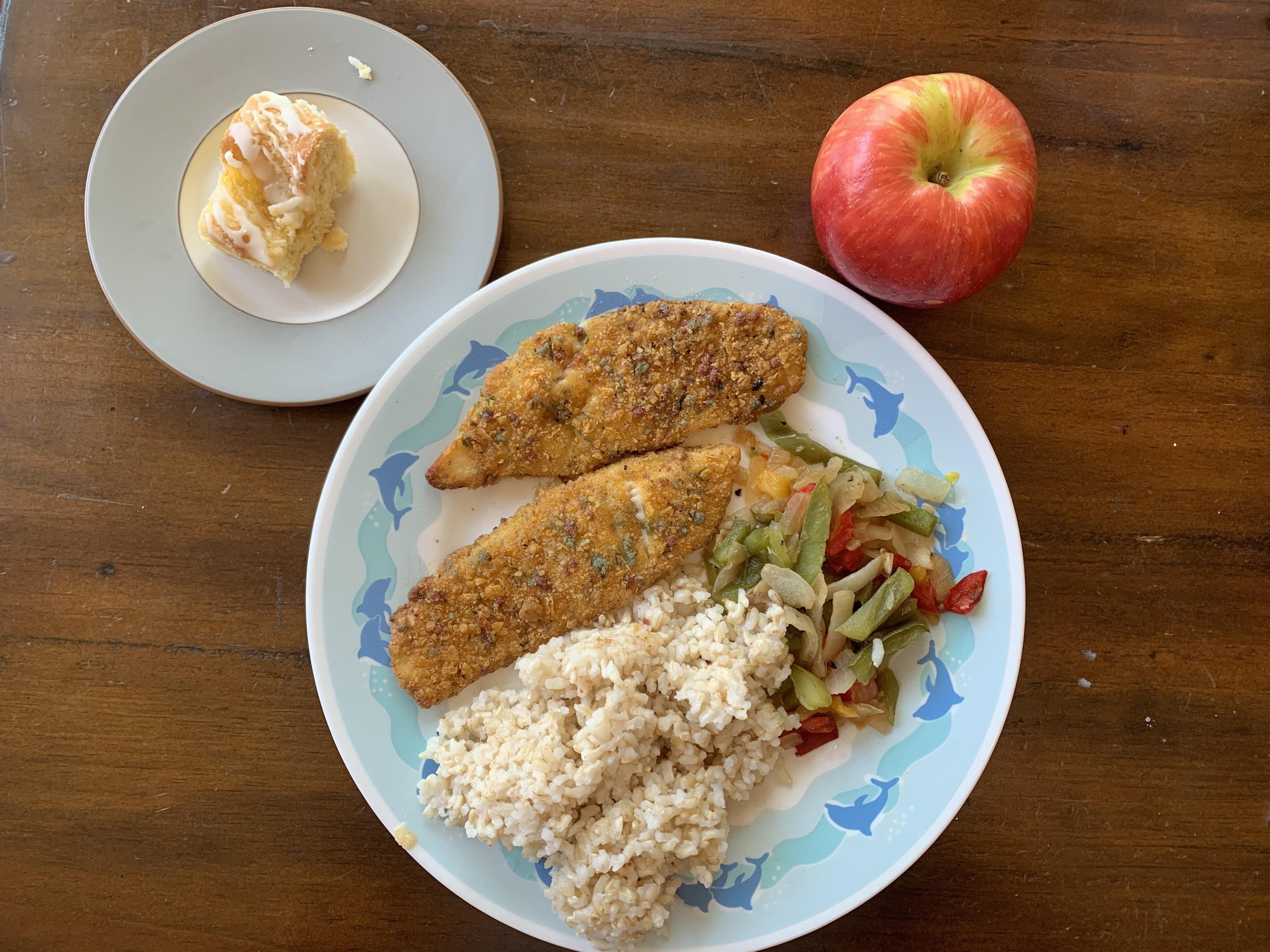 Typical lunch. Brown rice, tortilla crusted tilapia, fire roasted