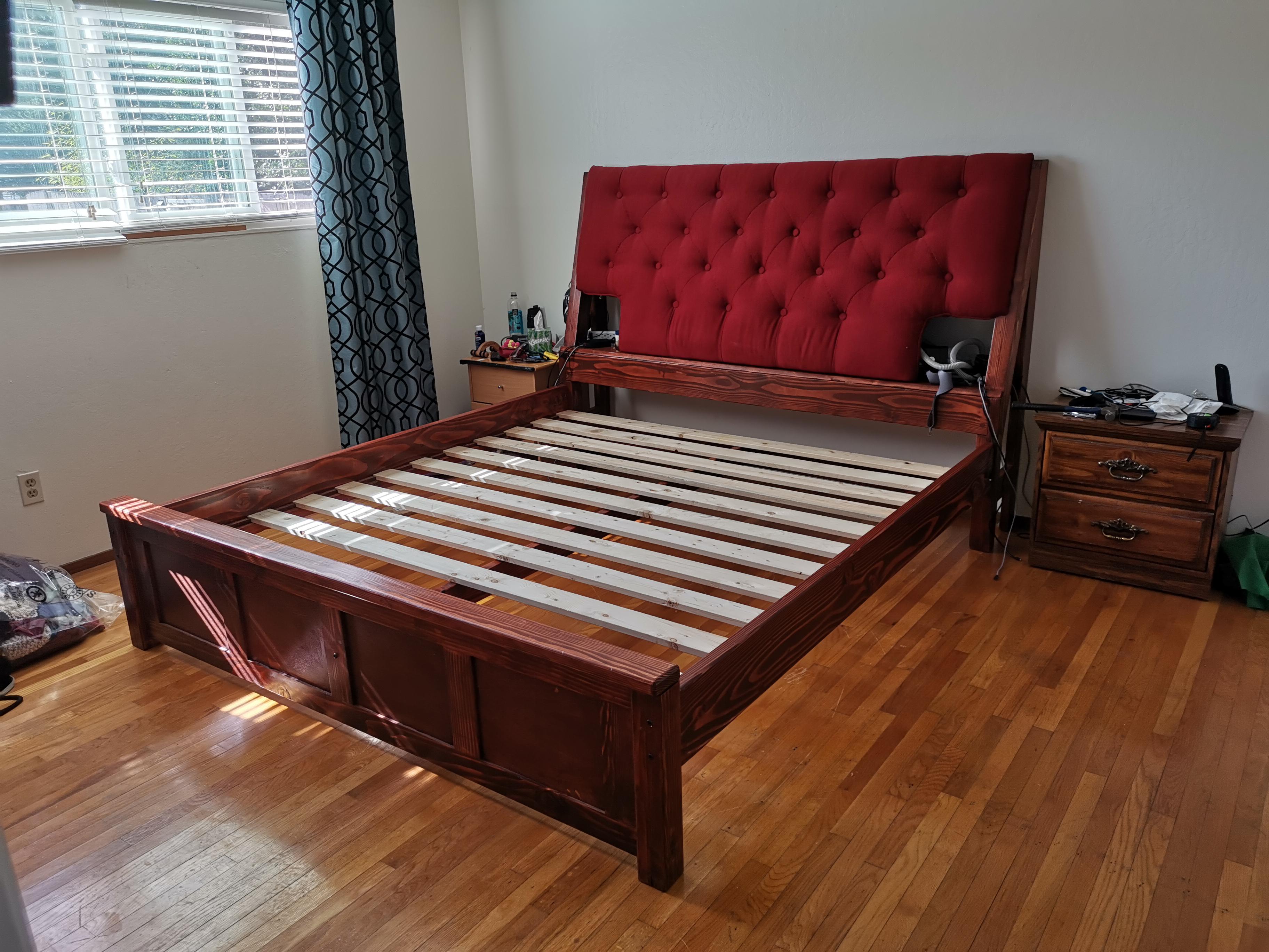 Made a pine bed with tufted headboard r/woodworking