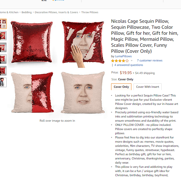 Nic cage sequin pillow thatd look great in the office r/StrangestProducts