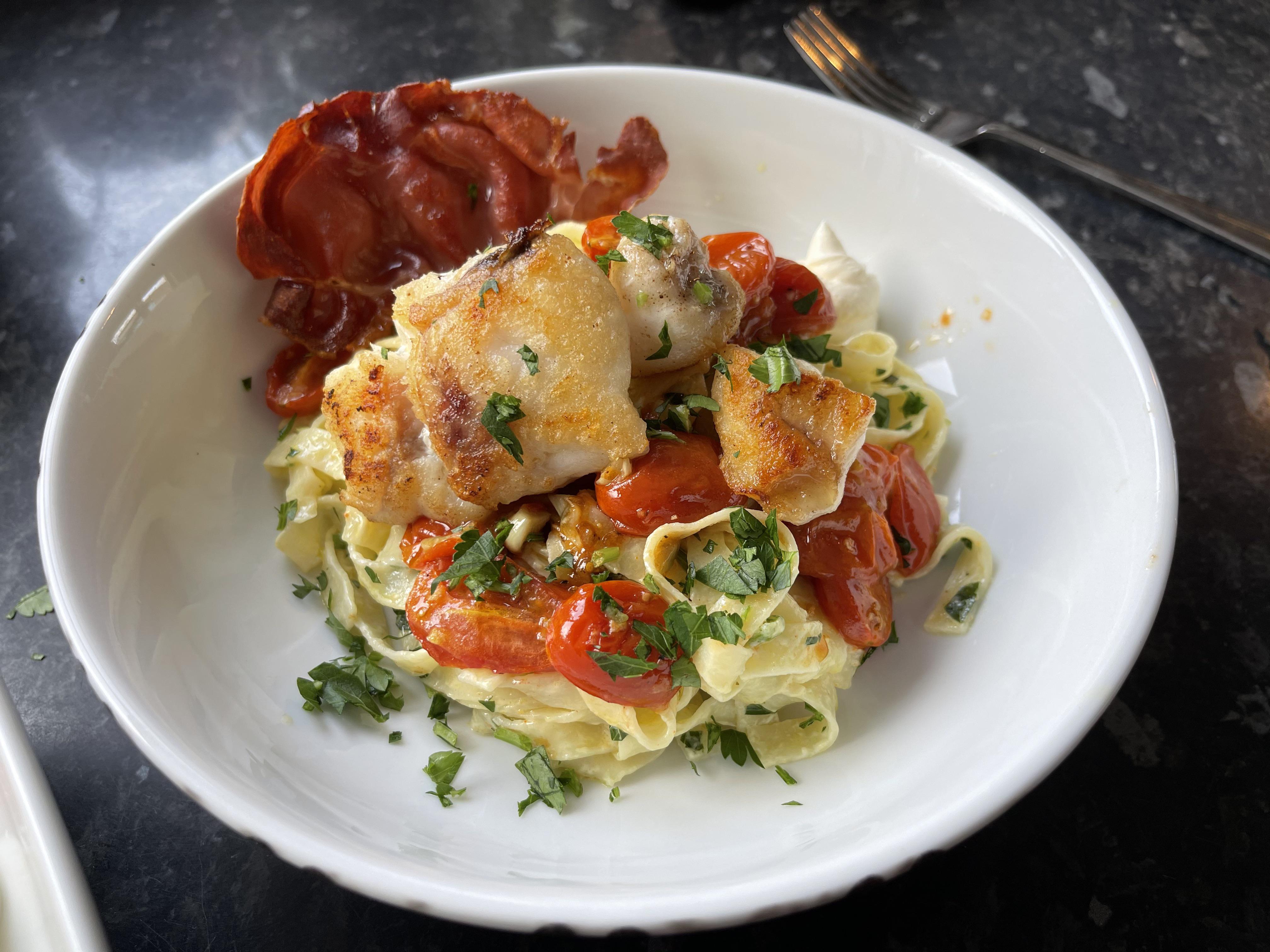 Pan Fried Monkfish and Creamy Tagliatelle with Serrano Ham and Slow