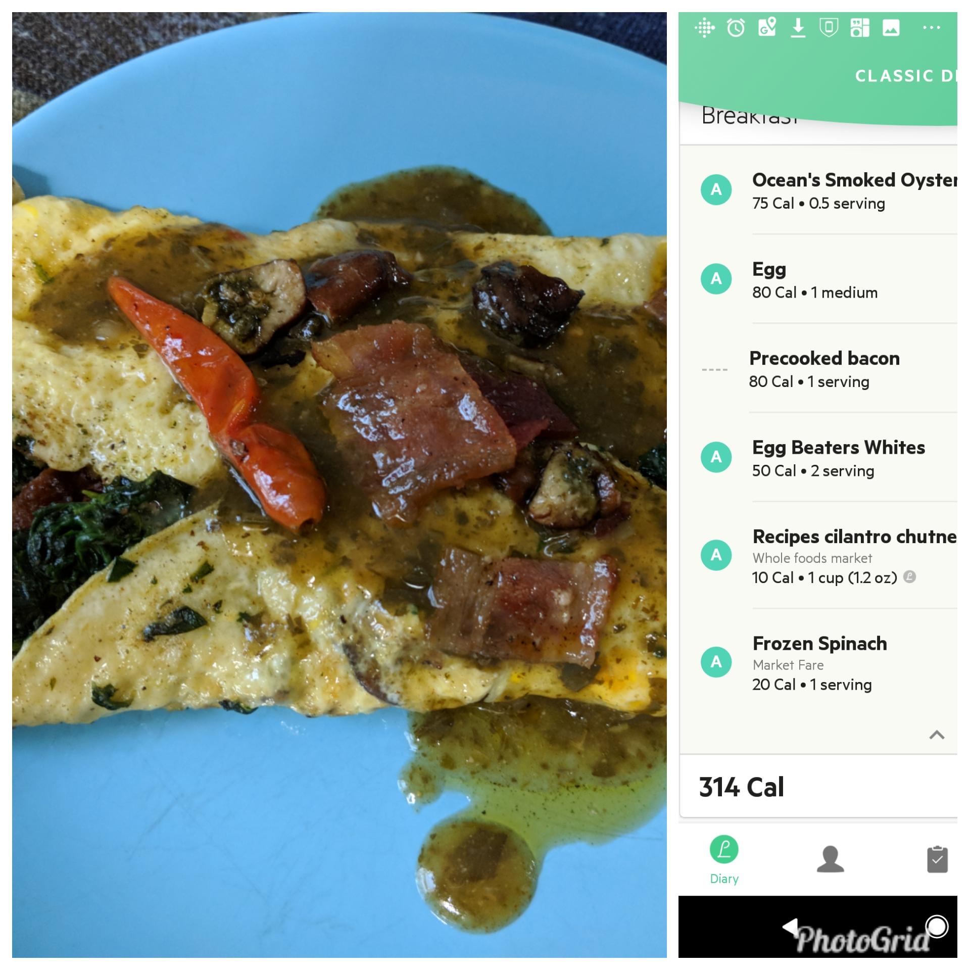 314 calorie bacon and smoked oyster omelette with 30 grams of protein