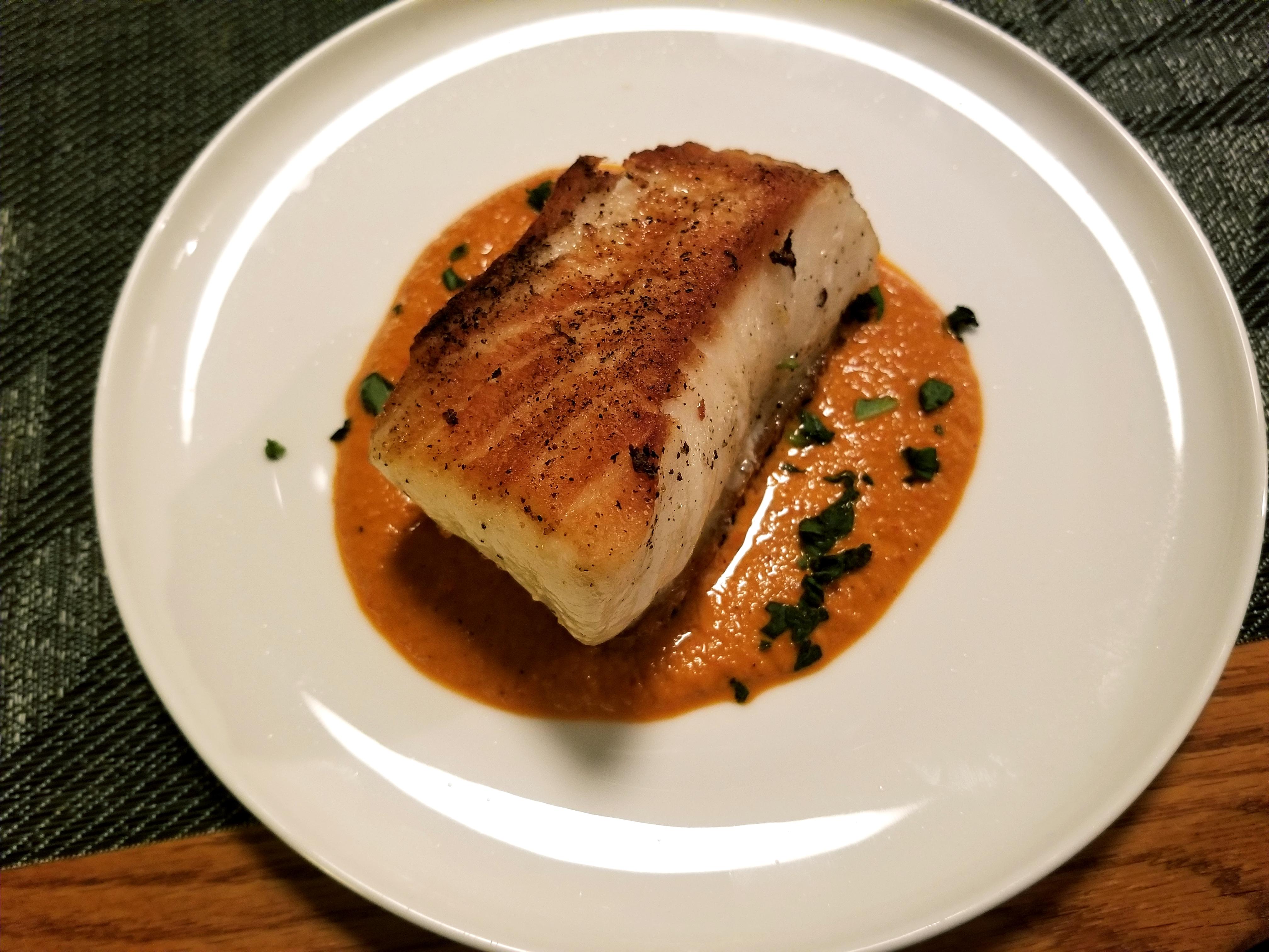 [Homemade] Pan seared sea bass in roasted red pepper sauce r/food