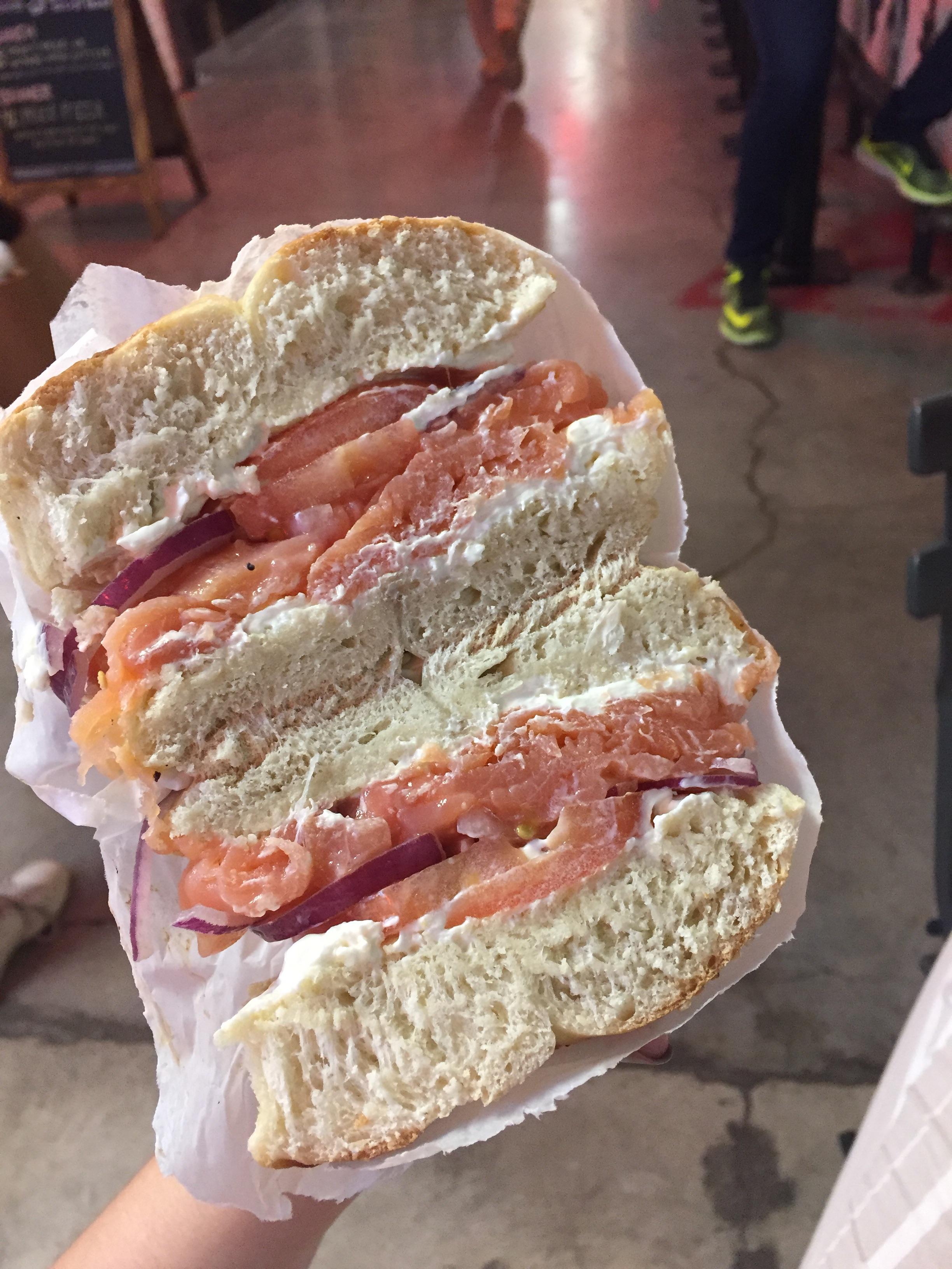 Bagel with Lox, cream cheese, tomato and onion from Andrew’s Classic