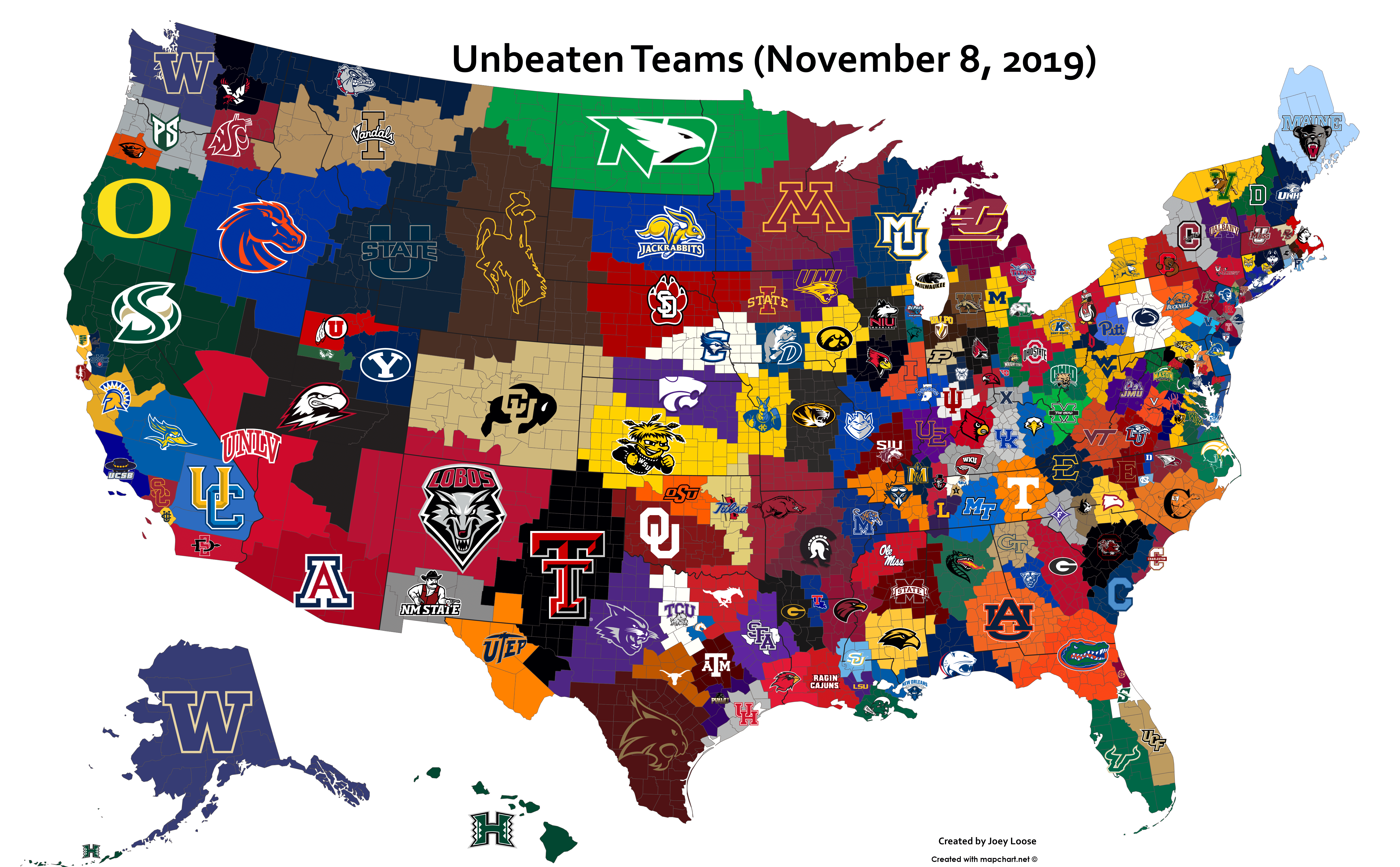 Closest Undefeated Team to Each US County (November 8, 2019) r
