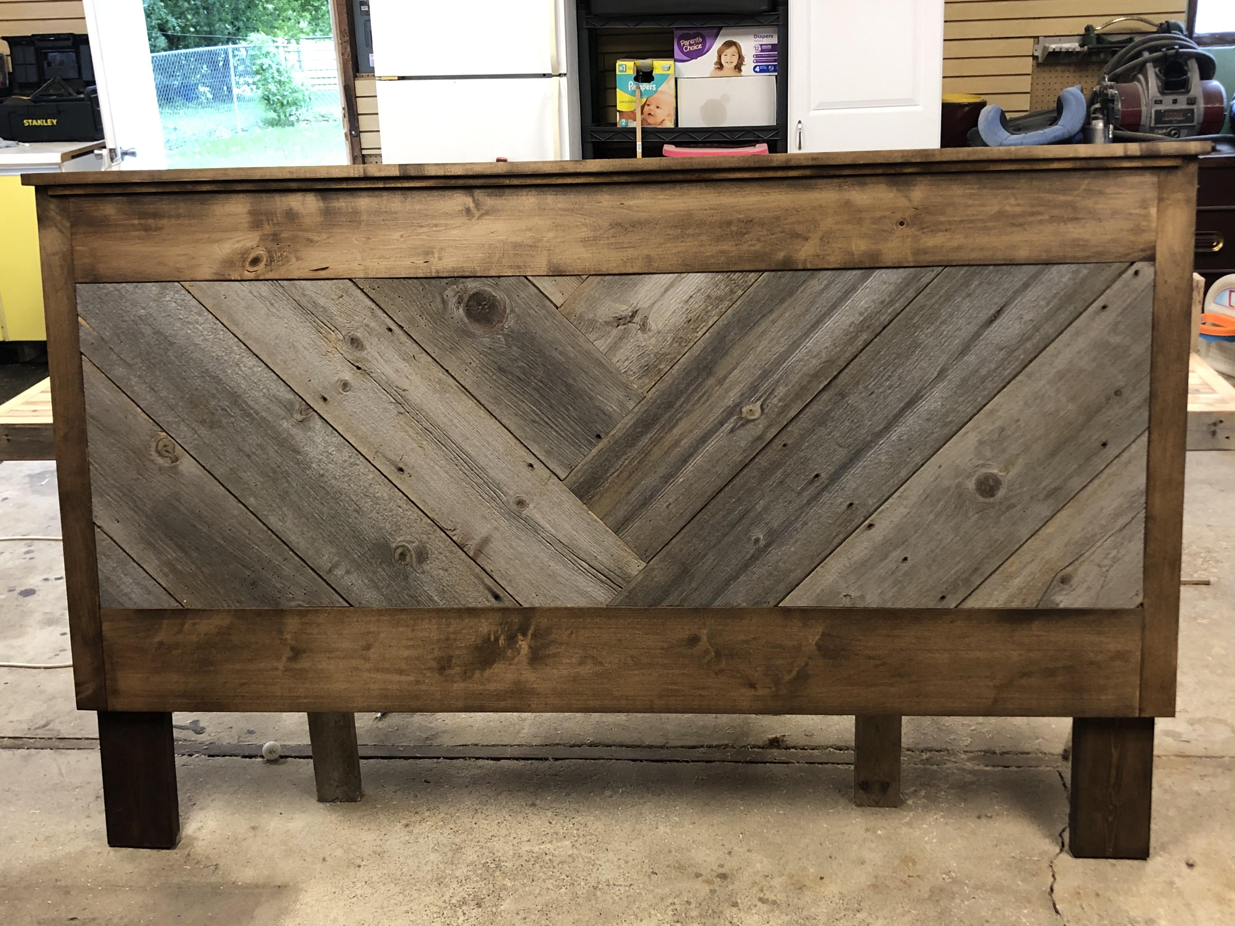 Custom stained maple and barn wood headboard I just finished. r