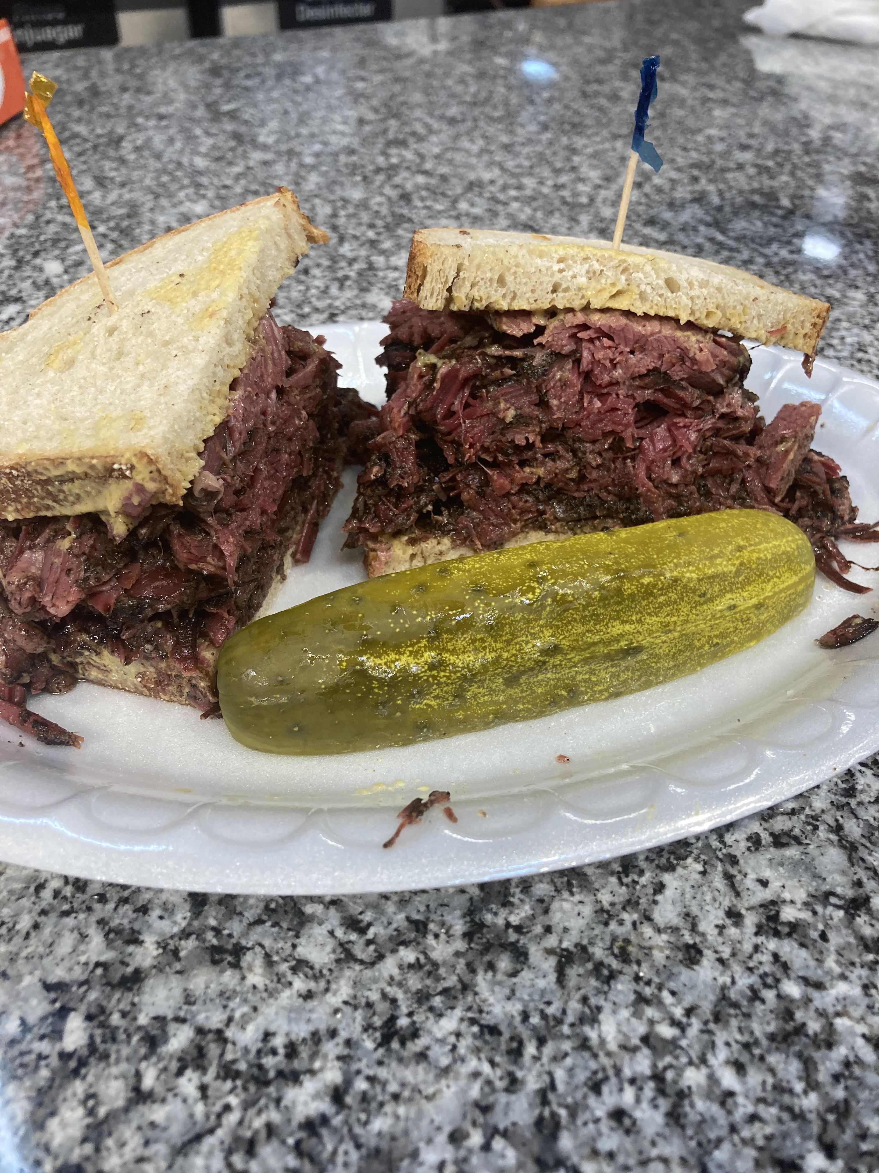 Pastrami on Rye with mustard and a pickle. From Hershel’s East Side