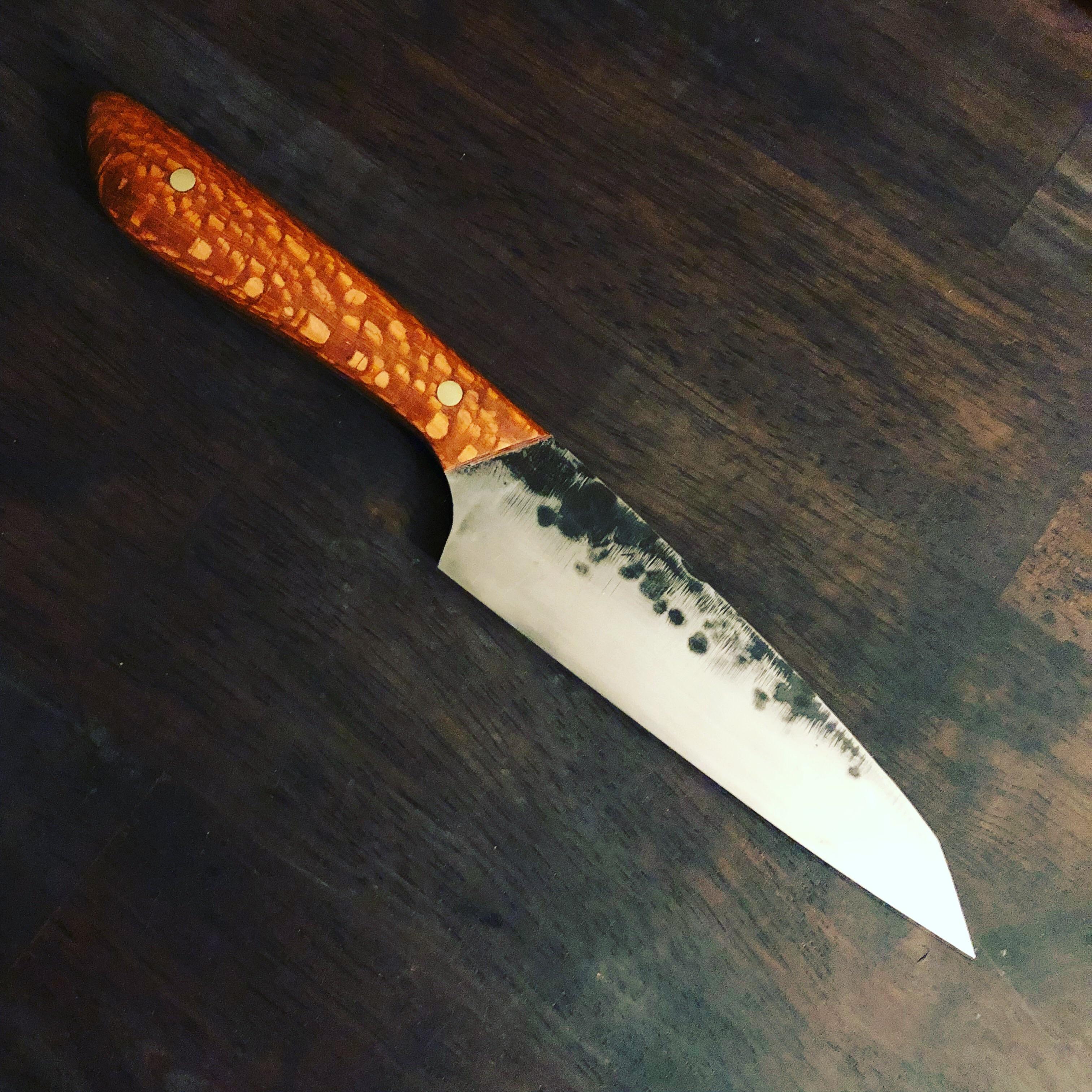 4” petty knife. O1 steel, brut de finish, leopard wood handle