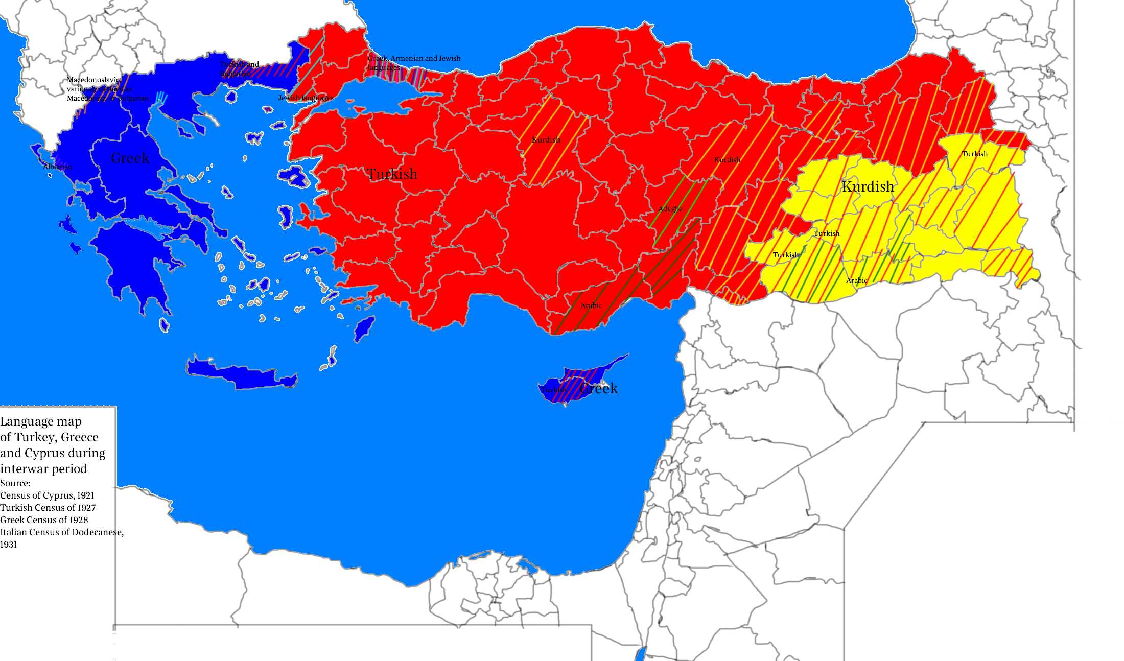 Linguistic map of Turkey, Greece and Cyprus during 1920s, after the