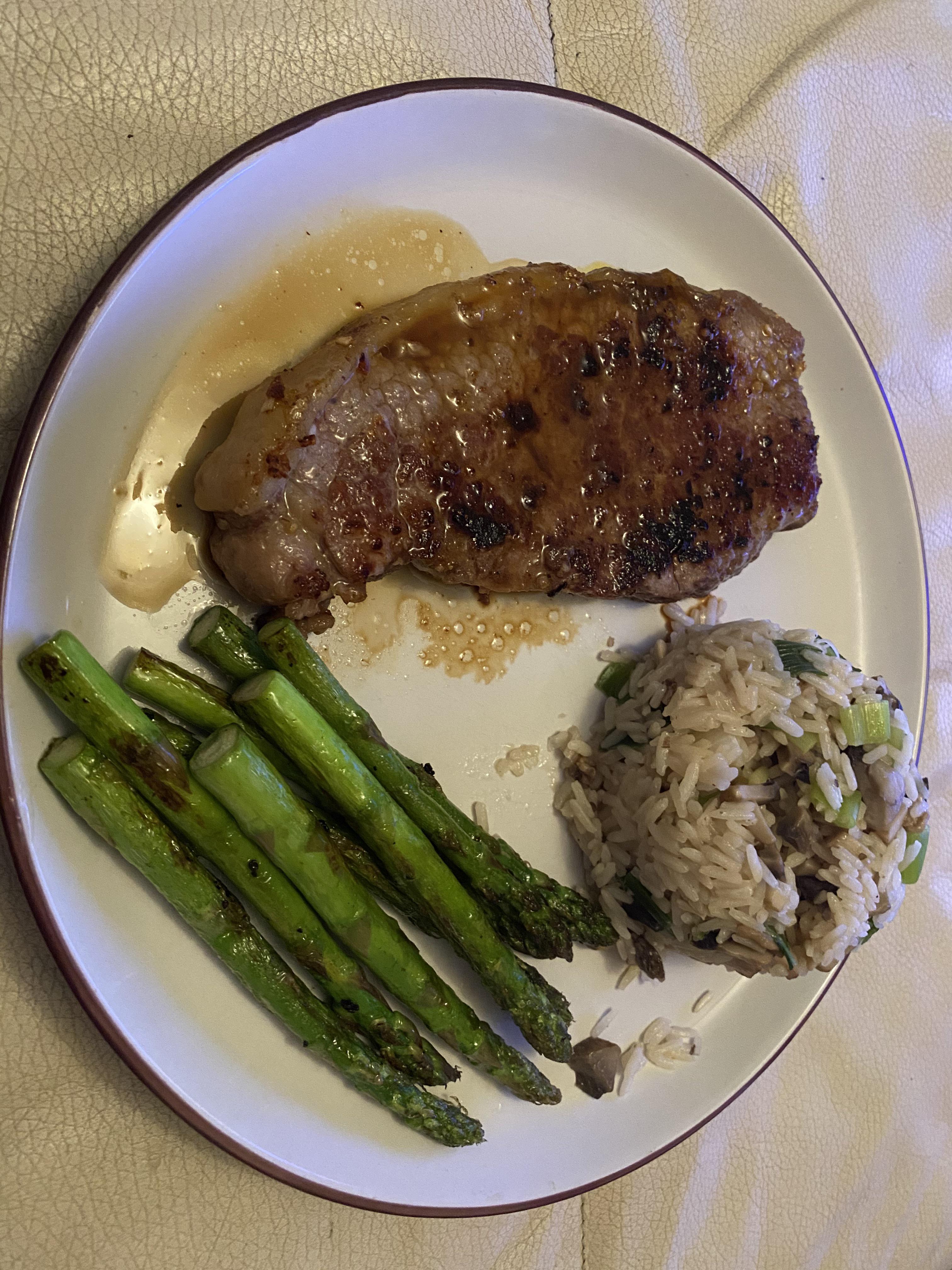 [i ate] steak, asparagus and rice with spring onions and mushrooms r/food