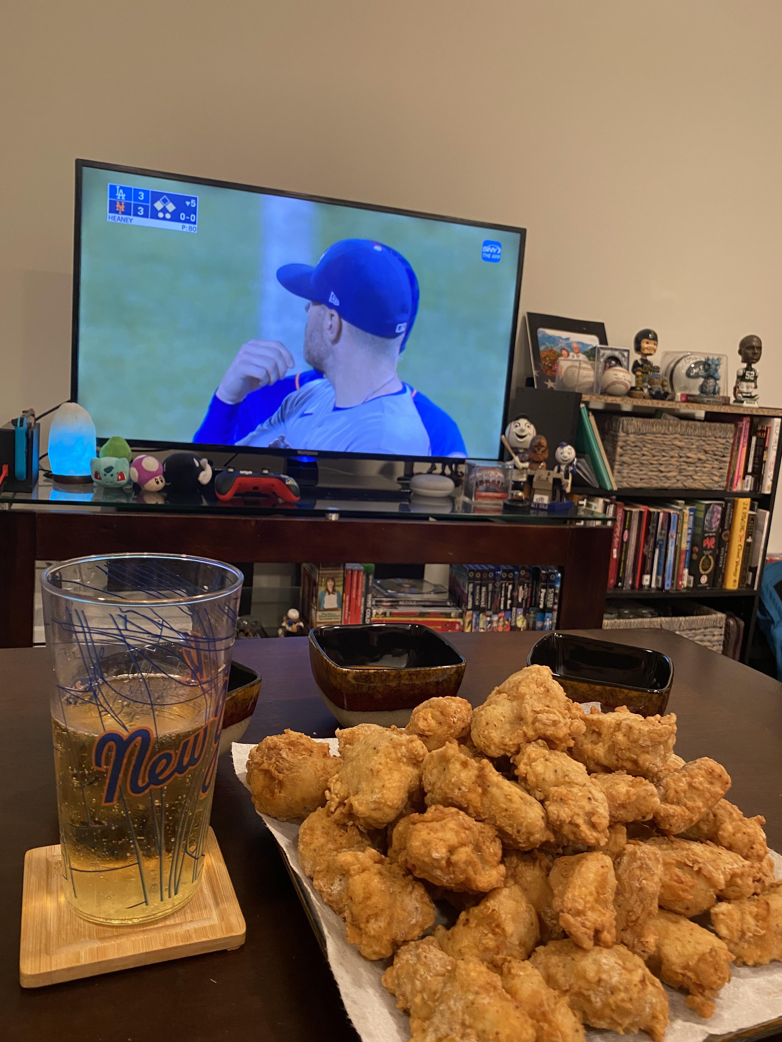 Some homemade chicken boneless wings ( chicken nuggets)and the Mets is