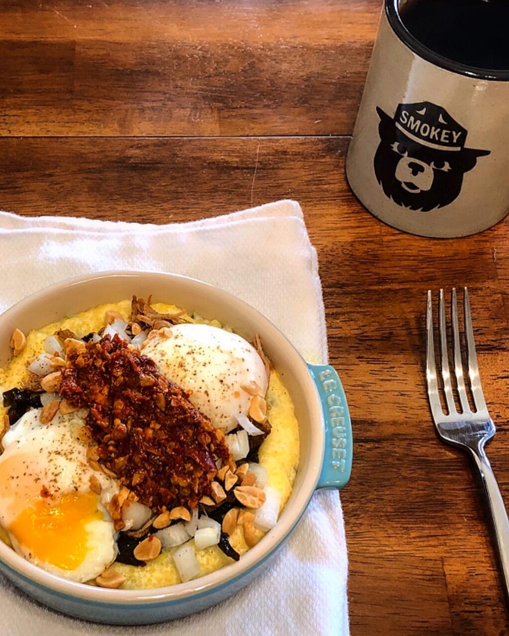 Jalapeño Cheddar Grits With Collard Greens, Charred Pork Shoulder