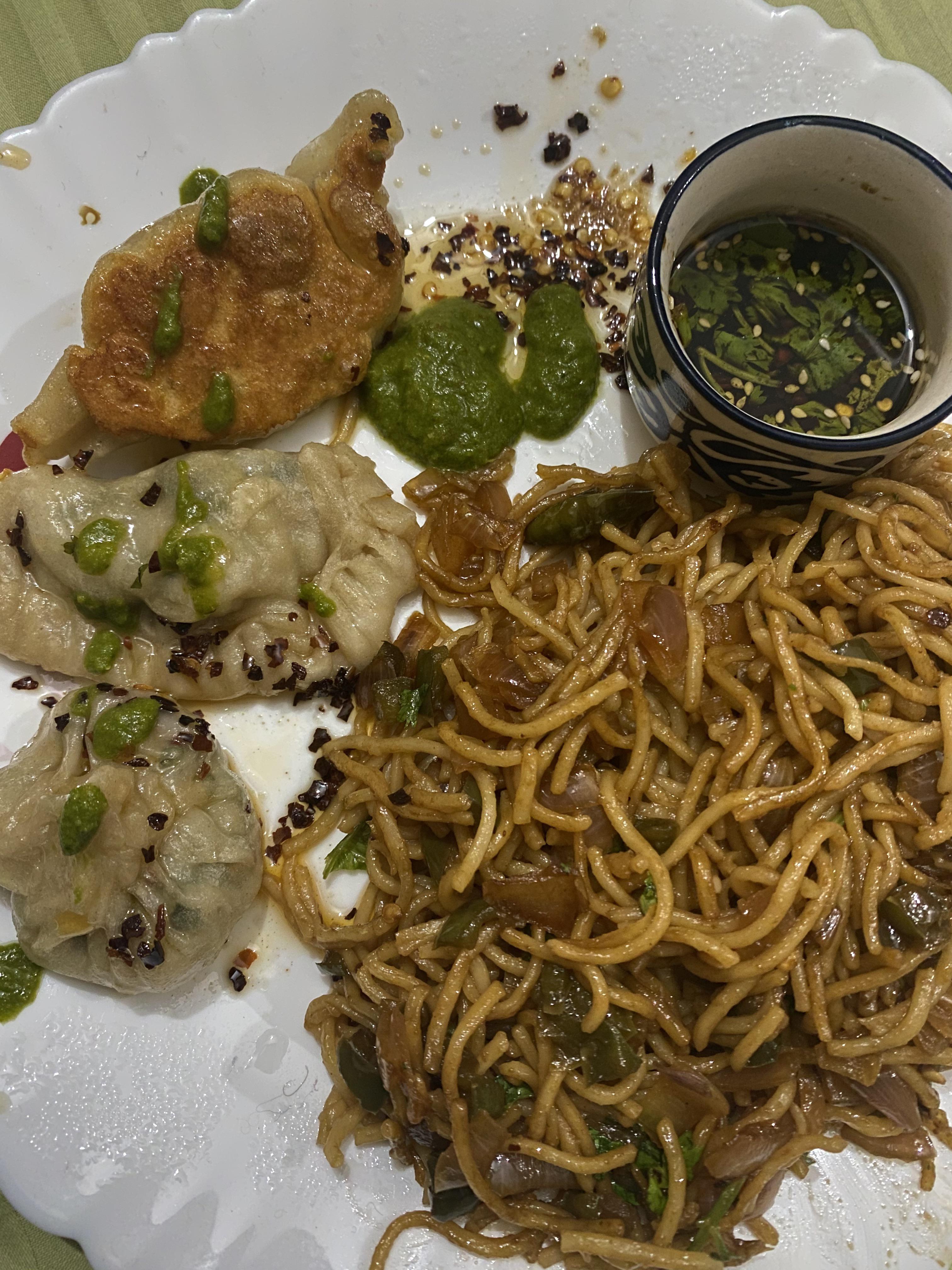 Homemade prawn dumplings, noodles, chilli oil, gyoza sauce and cilantro sauce r/drunkencookery