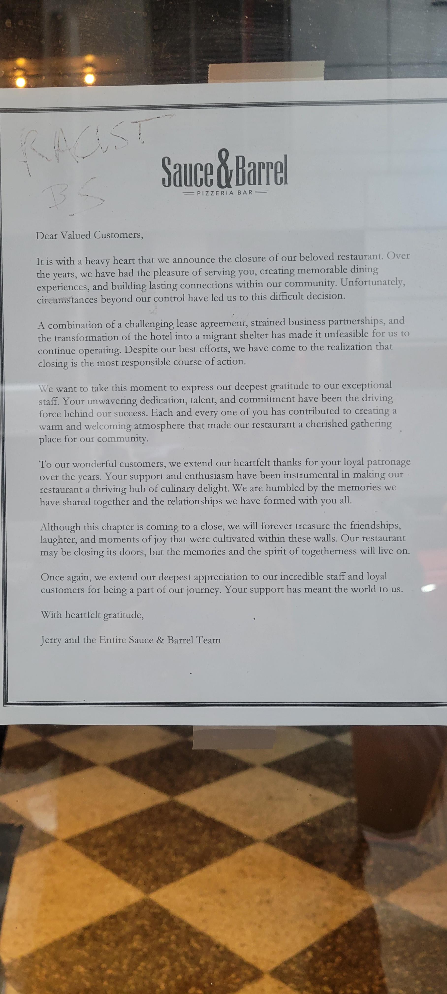 Sauce and Barrels note on closing owning a restaurant in NYC is hard