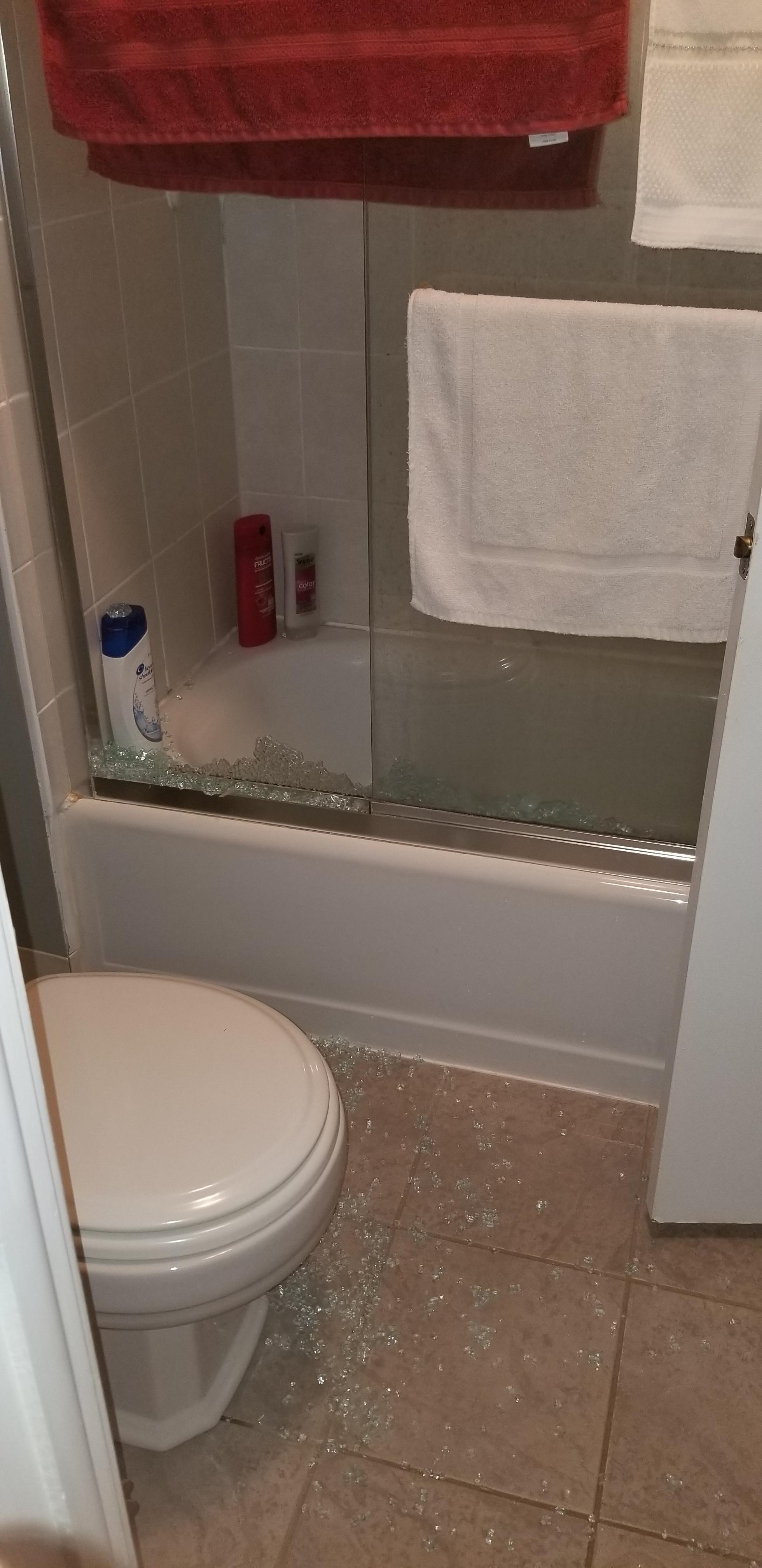 Shower door spontaneously shattered in the middle of the night. I wasnt home and my mom slept