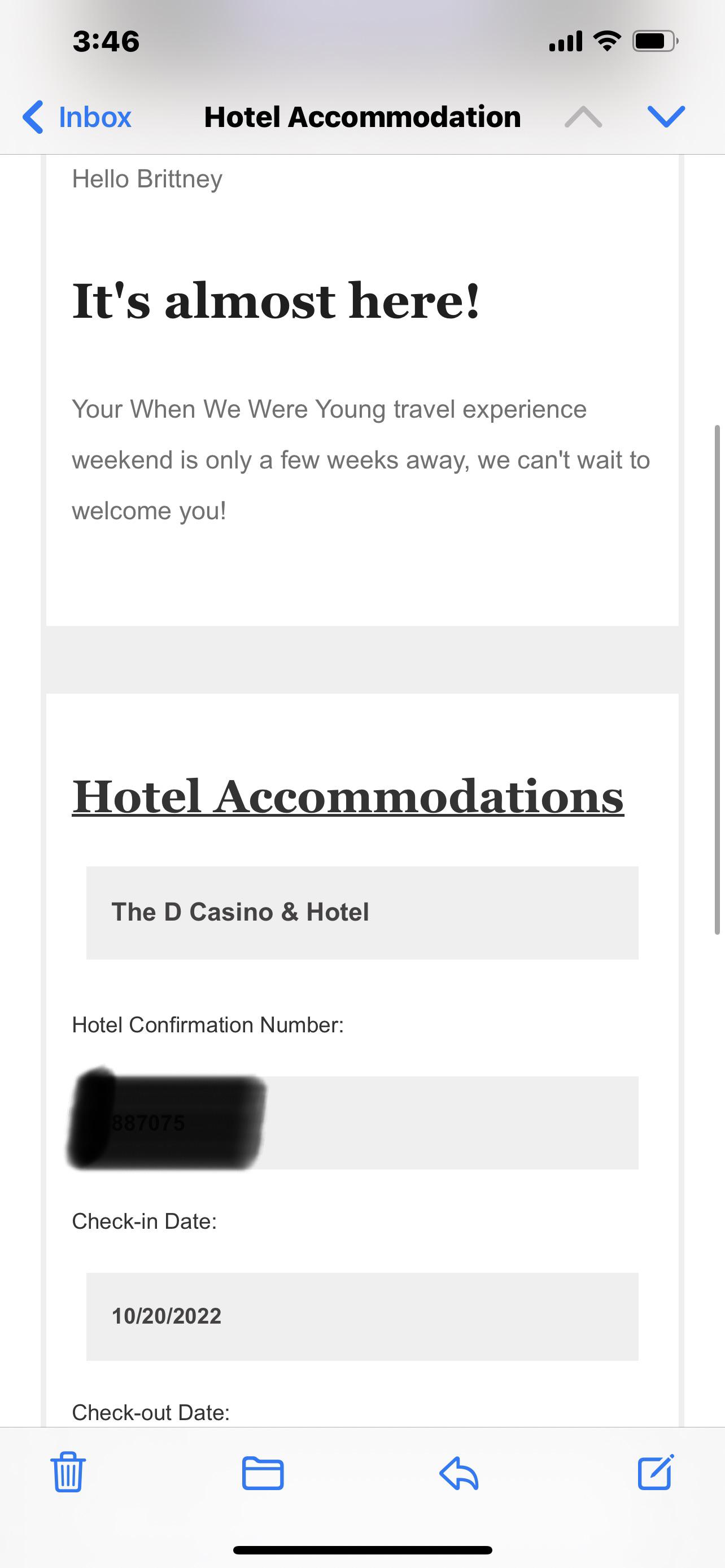Hotel confirmation email! r/WhenWeWereYoungFest