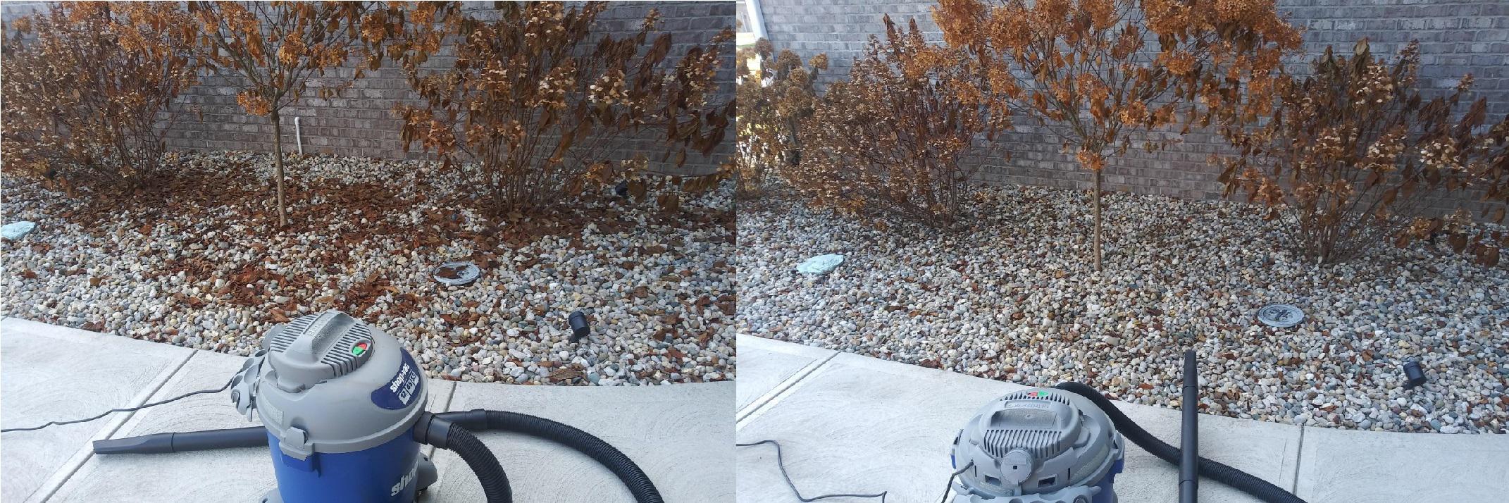 Using a shop vac to remove unsightly dead leaves from rock beds r