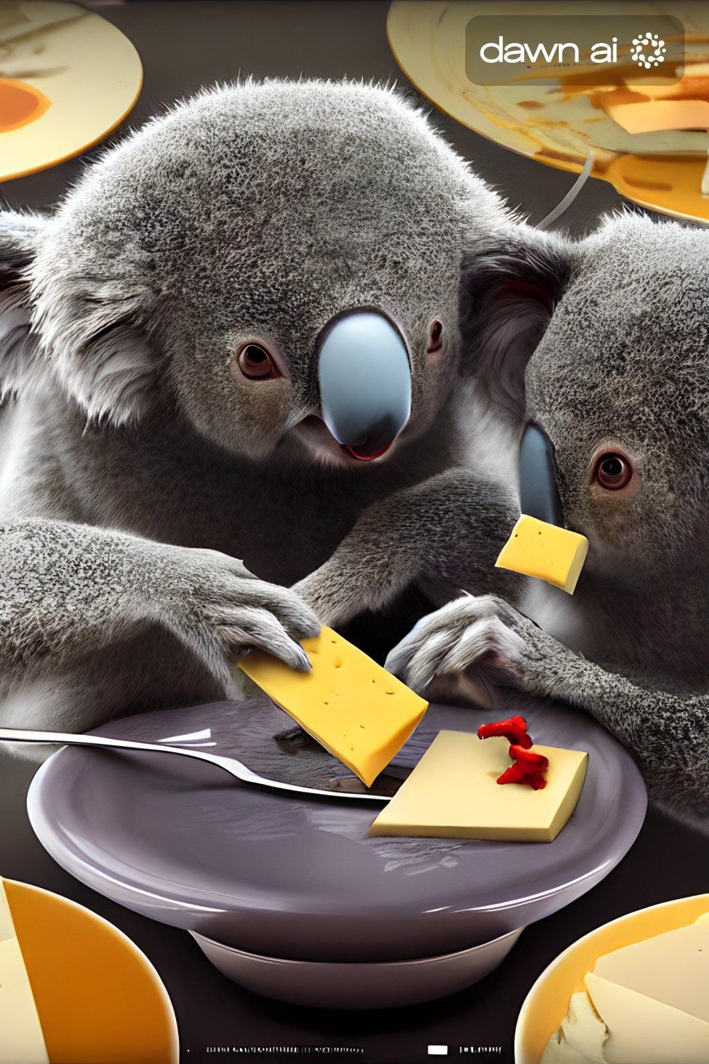 Koalas eating a Cheese Plate Dawn ai r/AIGeneratedArt