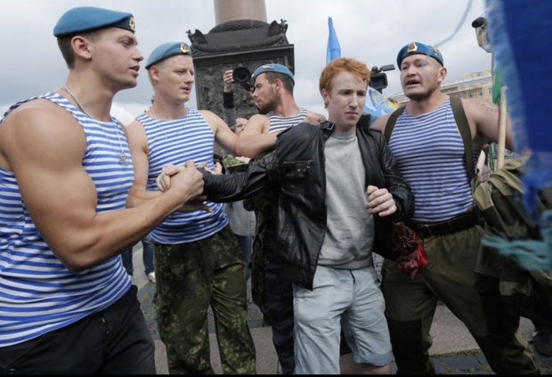 Russian paratroopers harassing gay rights activist Kirill Kalugin, Aug