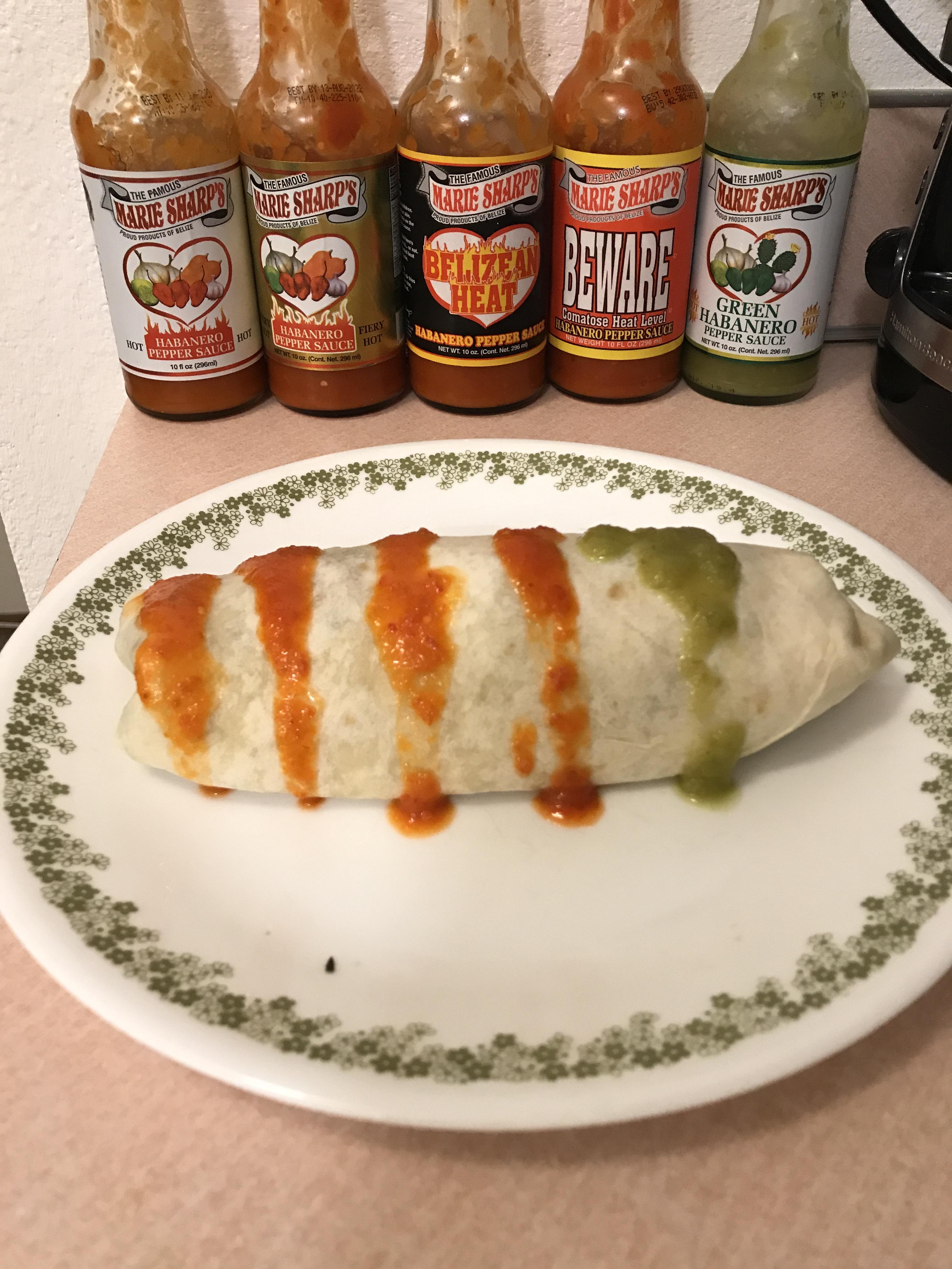 My new burrito method of trying lots of hot sauces in one sitting. r