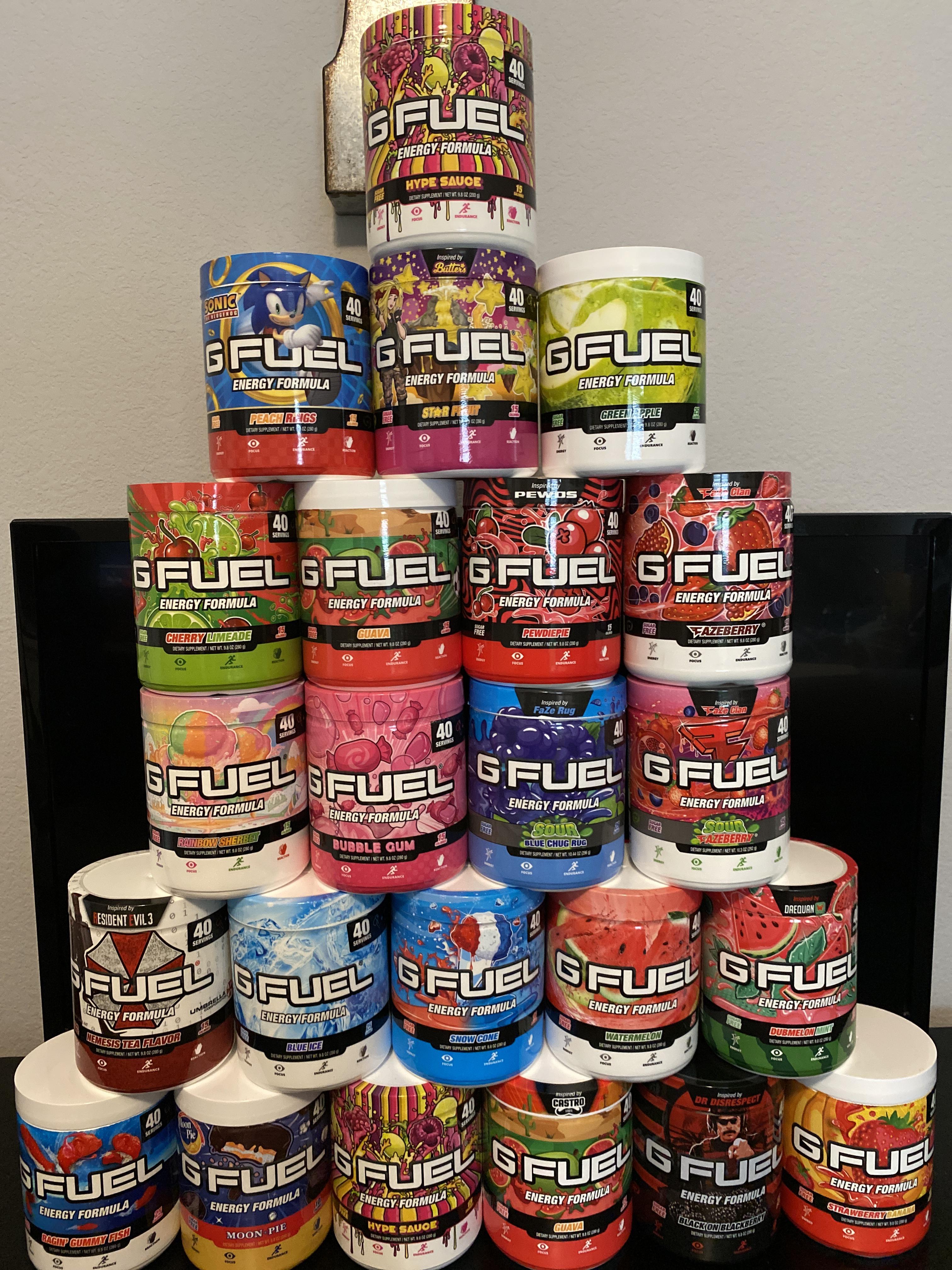 My GFuel tub collection so far. Feel free to AMA! ) r/GFUEL