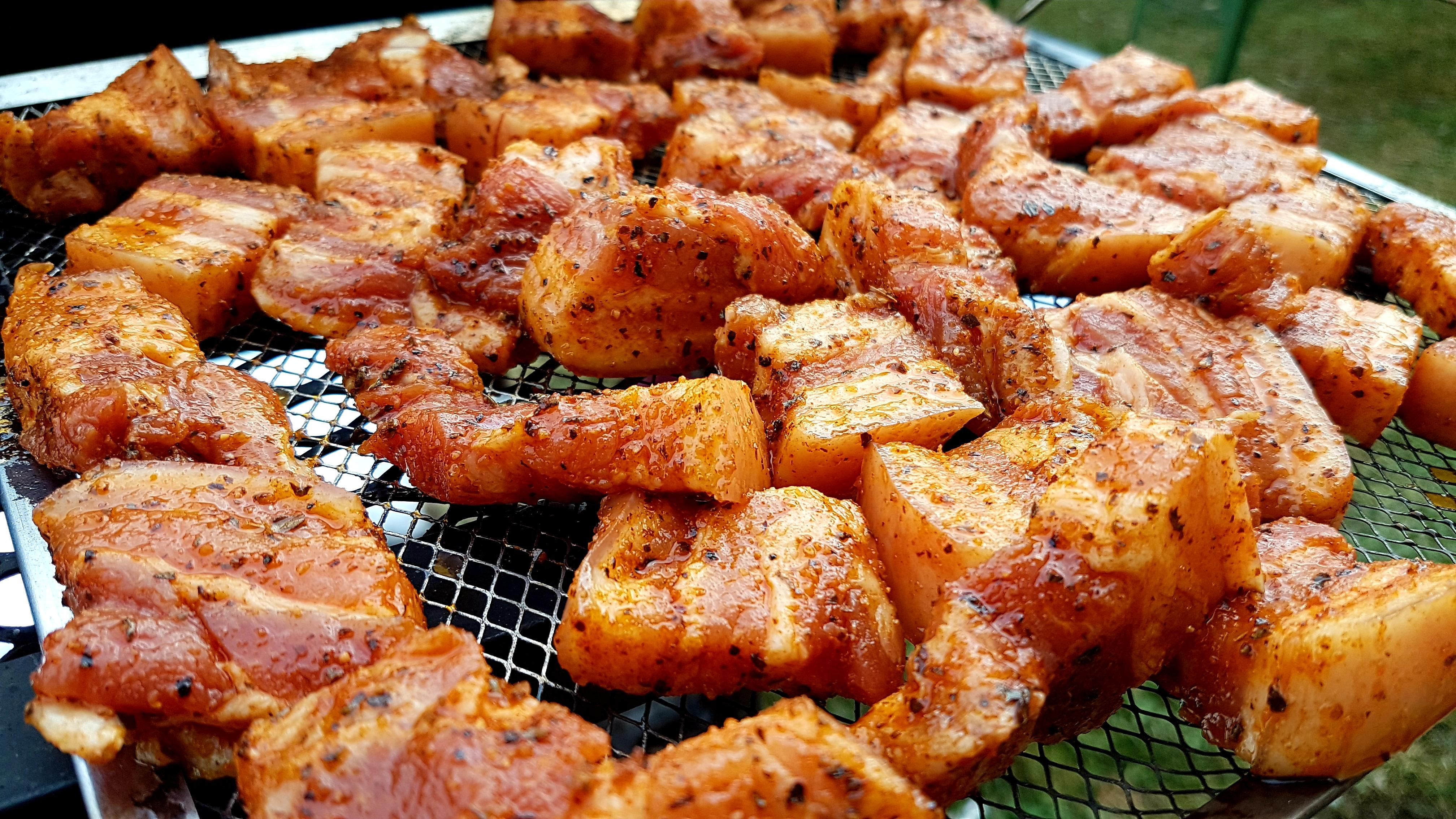 Some rubbed pork belly bites ready to get pecan wood smoke r/grilling