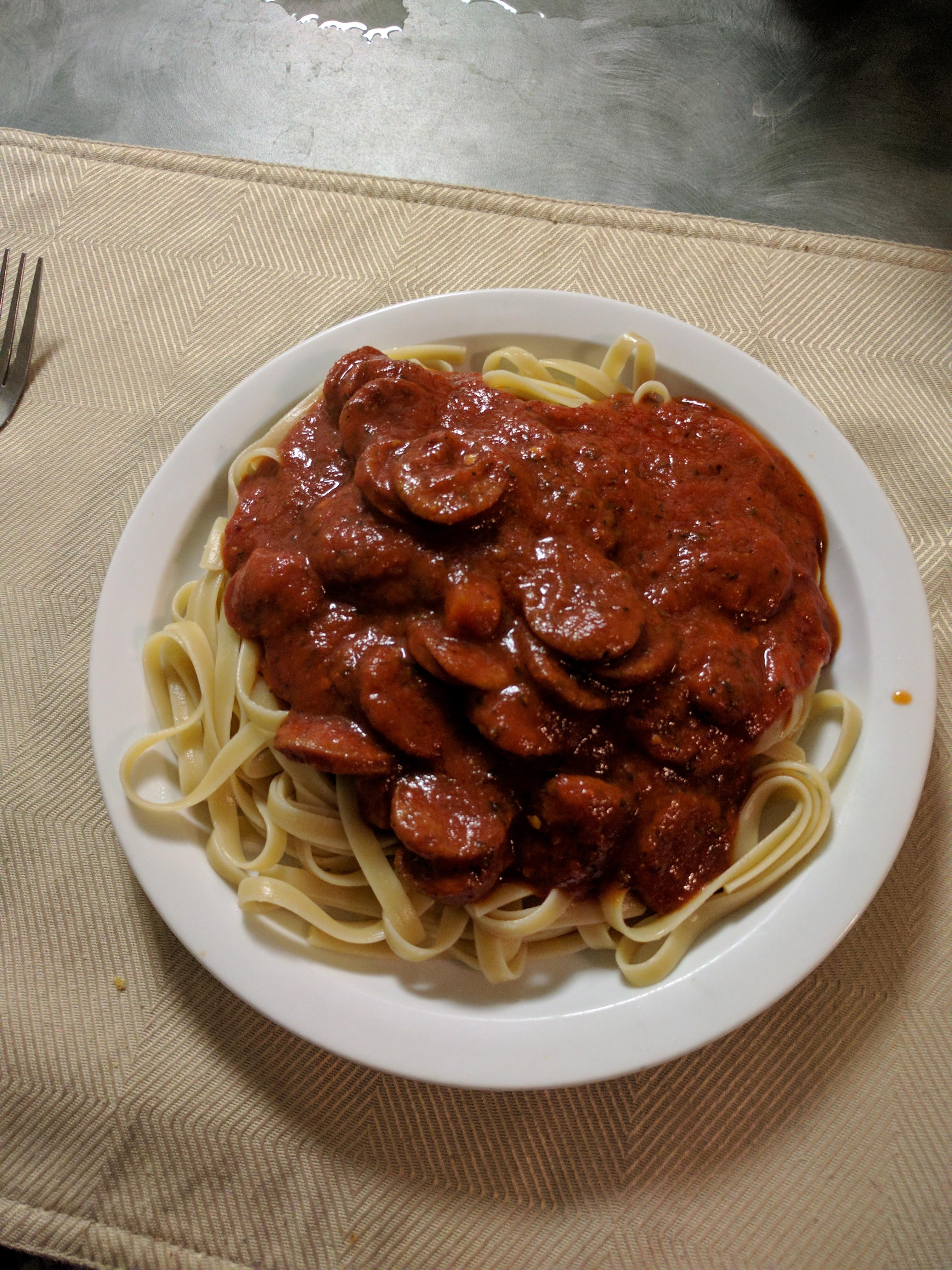 [Homemade] Fettuccine with Andouille sausage and tomato sauce