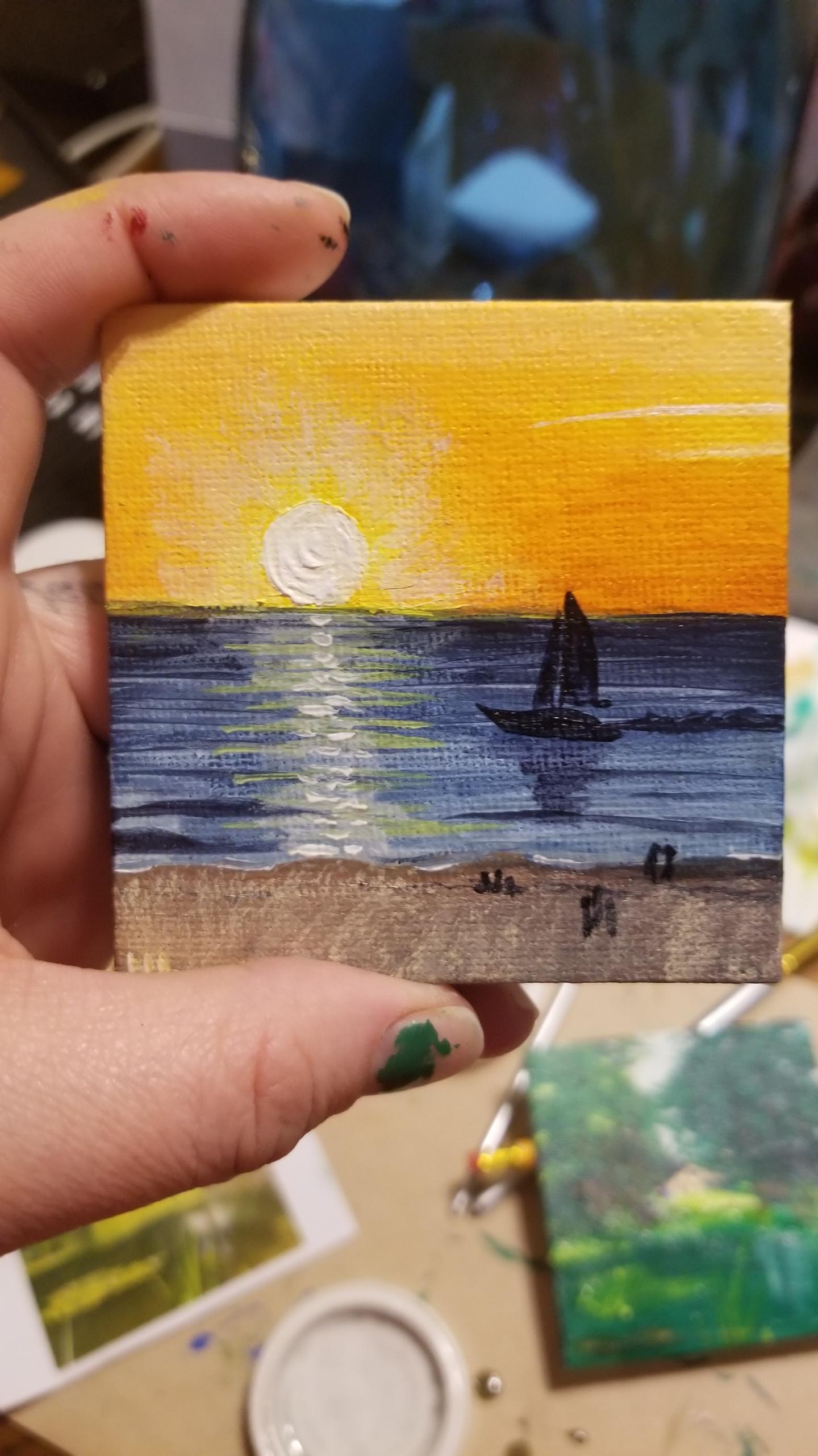 I tried tiny painting. This was a sunset I saw in Clearwater FL last month . It's Acrylic on a