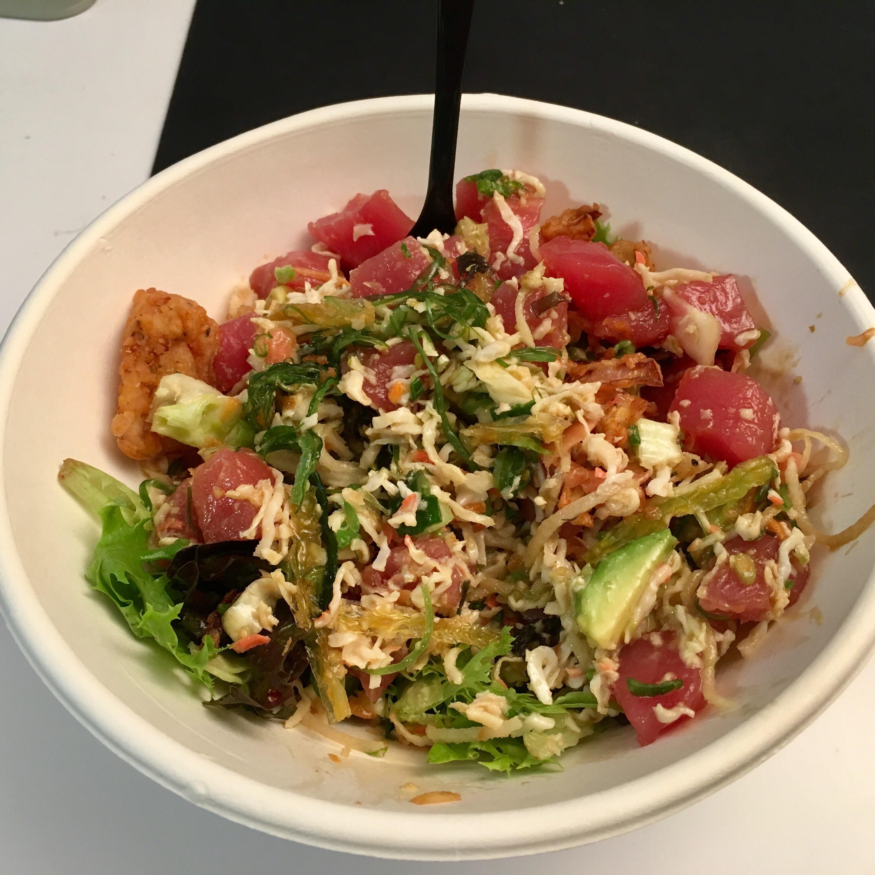 R1D12 tuna and crab poke bowl, no soy. Avocado, tomato, daikon